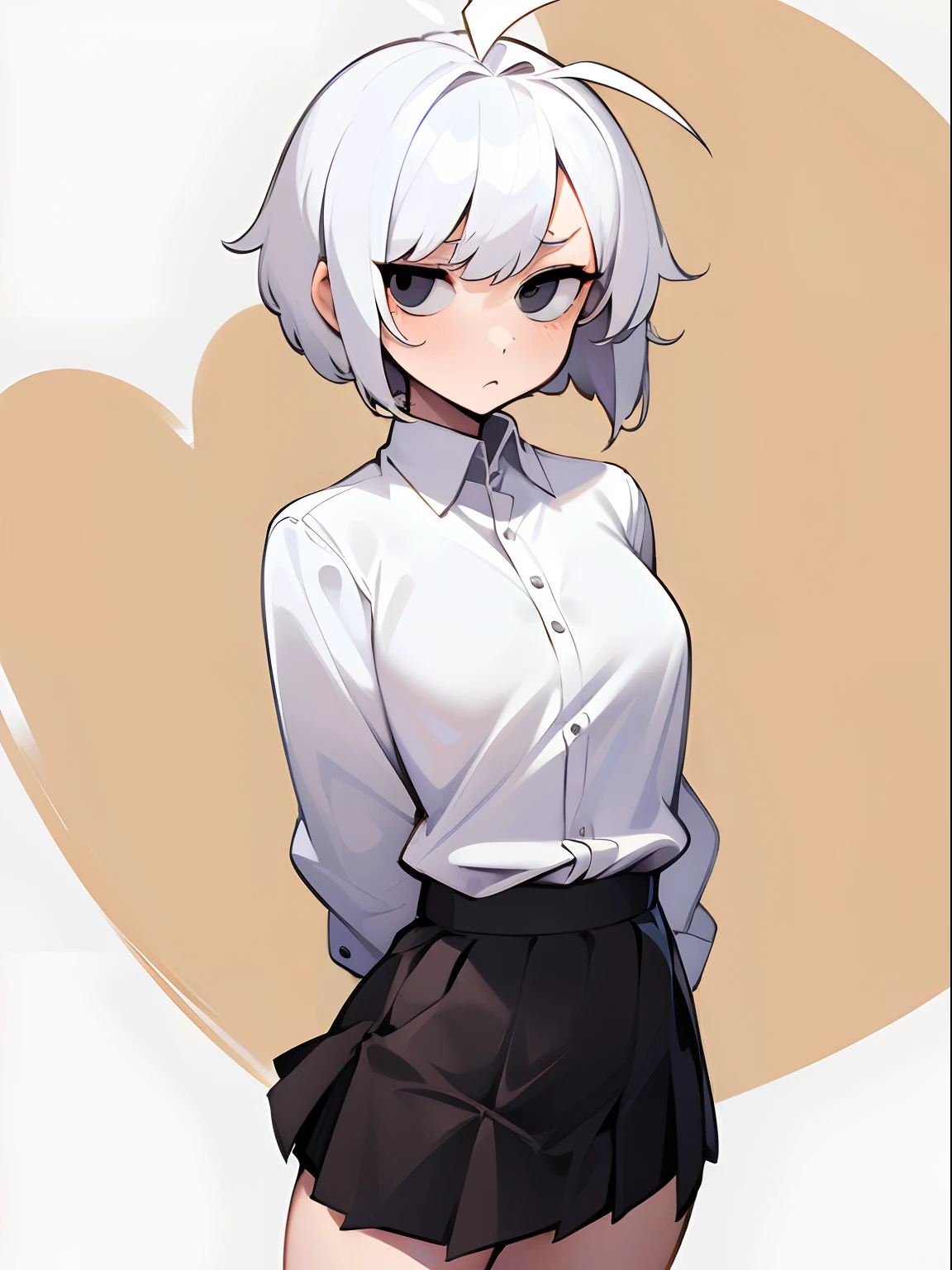 ((masterpiece, best quality)), (1girl), (solo), (female focus), (ahoge, white hair, short hair), black eyes, ((white shirt), (buttoned shirt)), ((black skirt), (short skirt)), standing, white background, arms behind back