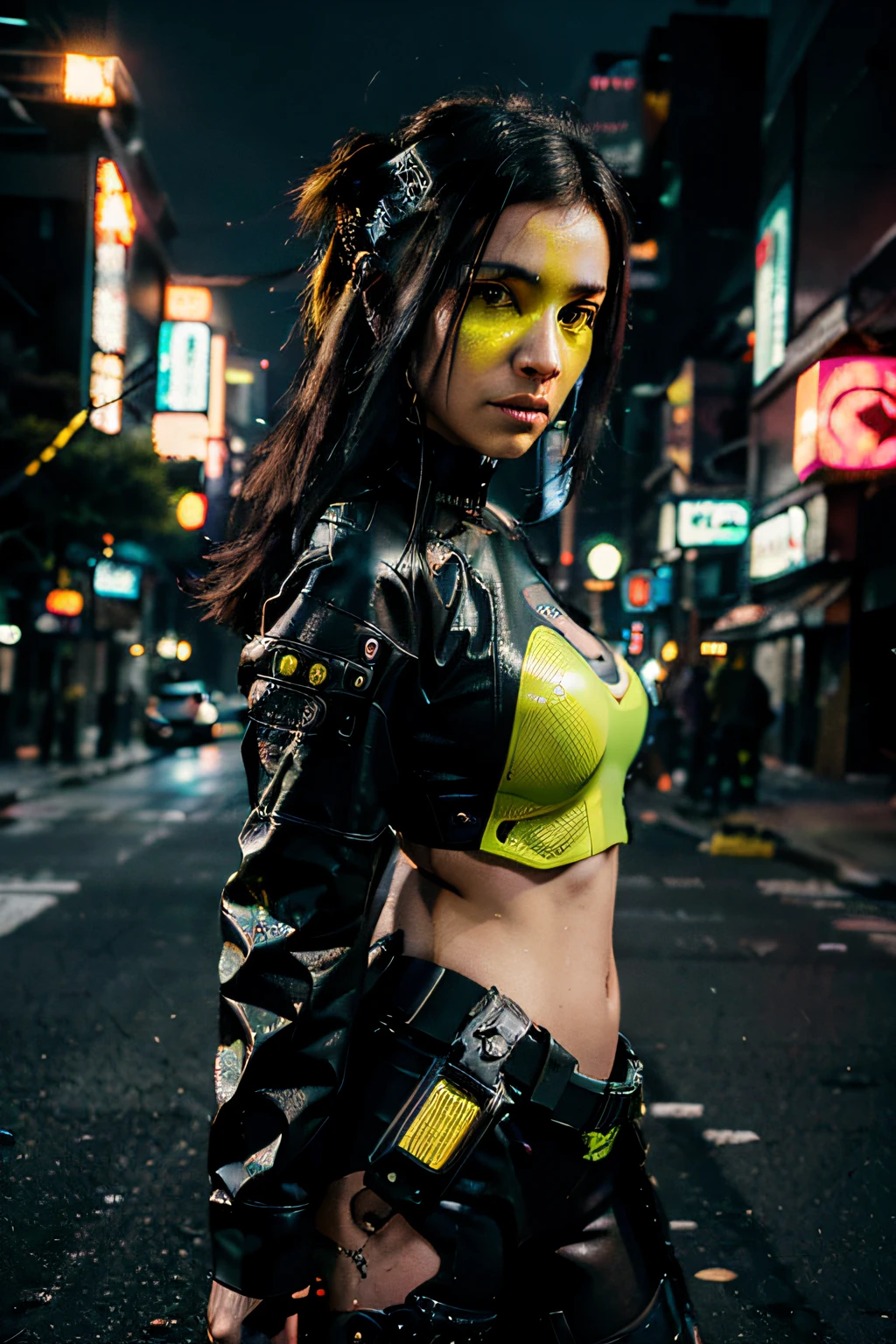 (Yellow cyberpunk speed tactical set:1) (1womanl) Dark theme :: Focus on a close-up of your face, Serious face, West Bettic visor, :: Medium black hair, Thick thighs :: Surreal futuristic extreme sci-fi cyberpunk sports woman, Black eyes, ((Run in the middle of the street,Glows yellow, Cyberpunk, shadowrun, Sci-fi high-tech cyberpunk)) :: Cool cyberpunk yellow speed battle suit :: Natural lighting :: Bokeh :: 8K :: Best quality :: Masterpiece :: insanely details:1.5