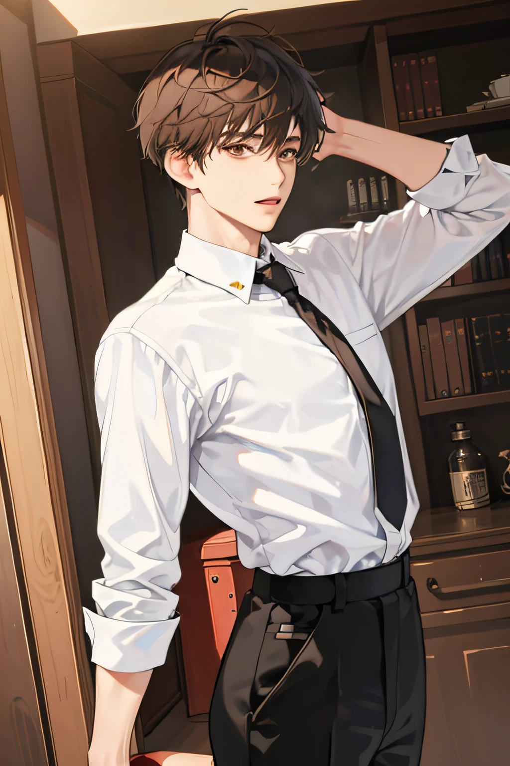 1boy, sexy, short hair, brown eyes, white shirt, black skirt, hero, high res, ultrasharp, 8K, masterpiece, looking at viewer