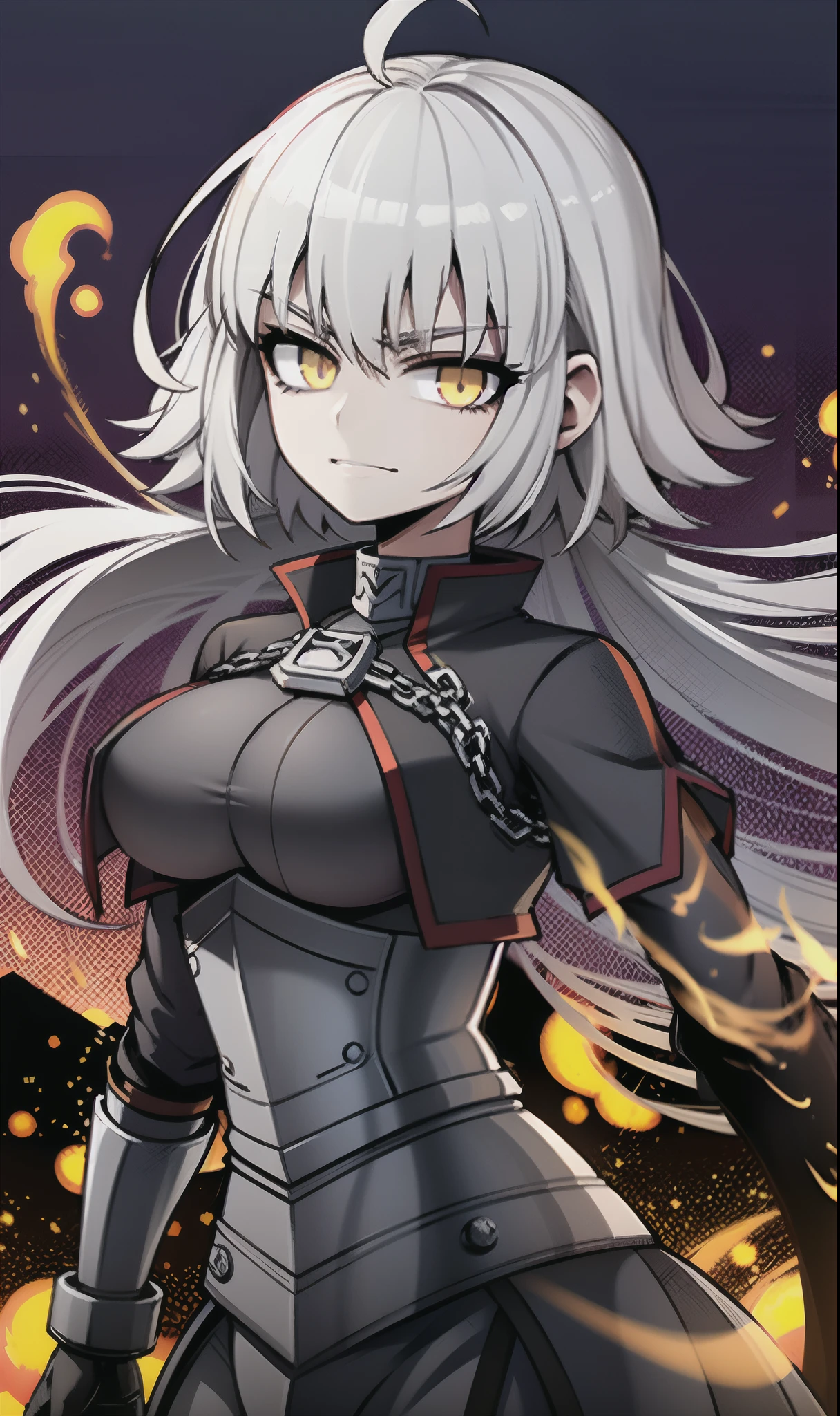 (best quality, 4k, HD, ultra-detailed), (Night and mountains background, flames in background, purple flames), (darkened color palette), 1girl, Jeanne Alter from Fate/Grand Order, Golden Eyes, Platinum Short Hair, Dark Head gadget, Dark Battle armor, dark long straight skirt, black leggings, hair against the wind, seductive expression, sadistic smile, walking toward the viewer, deep shadows, dark ambient, windy environment, half-body shot, face focus, sword in hand, dark sword, refined black sword, purple flame present on sword