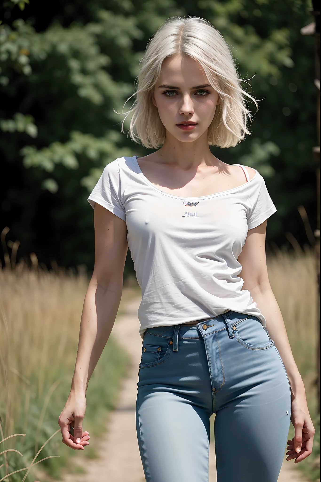 ((masterpiece, best quality)), beautiful woman (Ciri from the Witcher), (natural skin), (broad shoulders:1.2), legs, (tight jeans and tshirt:1.3), (seductive expression:1.2), various poses, field background, (UHD, 8K wallpaper, High resolution), Cinematic lighting, physically-based rendering, award-winning, extremely detailed skin, extra detailed face, high detail eyes, Carl Zeiss 85 mm F/1.4, by Ellen von Unwerth
