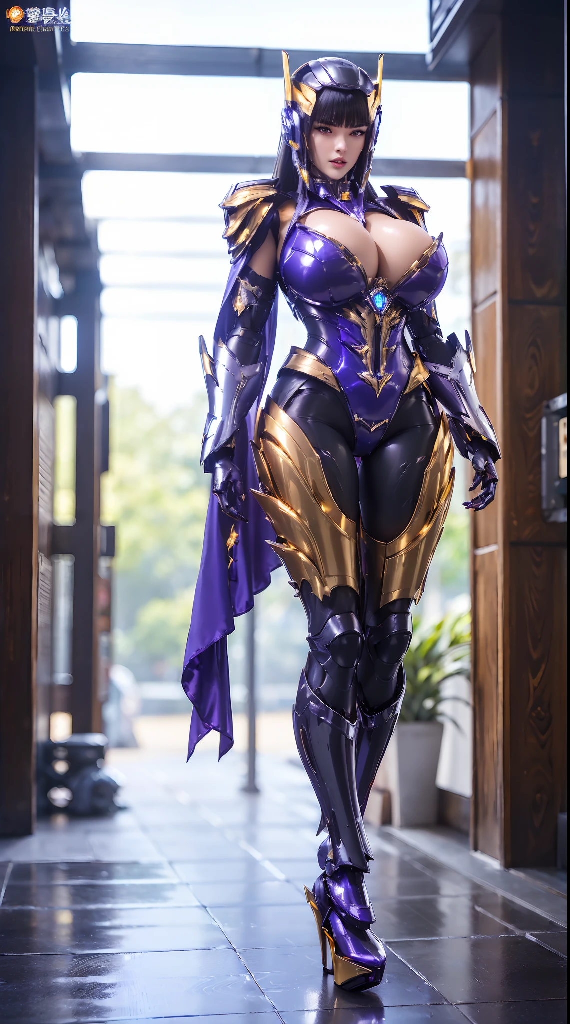(1GIRL, SOLO), (super detailed face, red_libs, black_hair), (Phoenix mecha helmet:1.2), (BIG BUTTOCKS, MUSCLE ABS, HUGE BOOBS:1.5), (MECHA GUARD ARM:1.3), (white, purple, gold, MECHA CYBER SHINY ARMORED SUIT, CLEAVAGE, BLACK MECHA SKINTIGHT SUIT PANTS, ROYAL LARGE CAPE, MECHA GUARD ARMOR LEGS, MECHA HIGH HEELS:1.5), (MUSCULAR BODY, SEXY LONG LEGS, HALF BODY:1), (LOOKING AT VIEWER:1.3), (famale focus:0.786), (WALKING DOWN HALLWAY OF FUTURISTIC SPACE STATION:1), (BRIGHT LIGHTING:1.3), PHYSICALLY-BASED RENDERING, ULTRA HIGHT DEFINITION, 16K, 1080P.