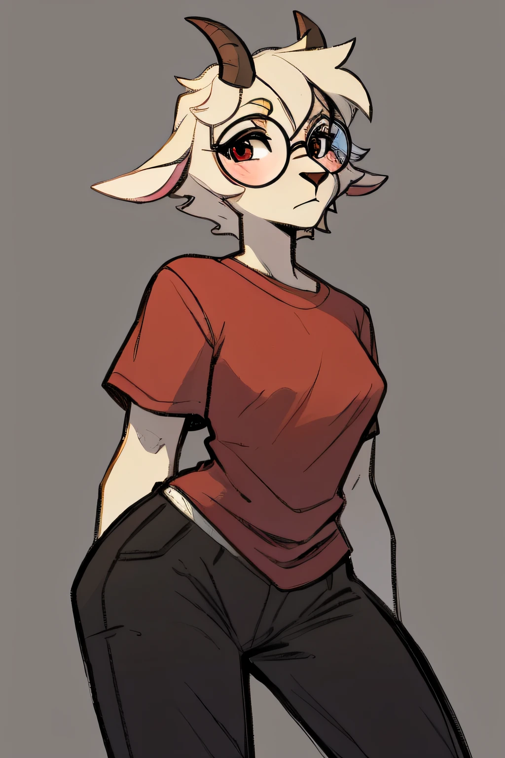 An anthropomorphic cartoon goat character wearing a red shirt, black pants, and round glasses. The goat is white-colored, and the background is a boreal forest