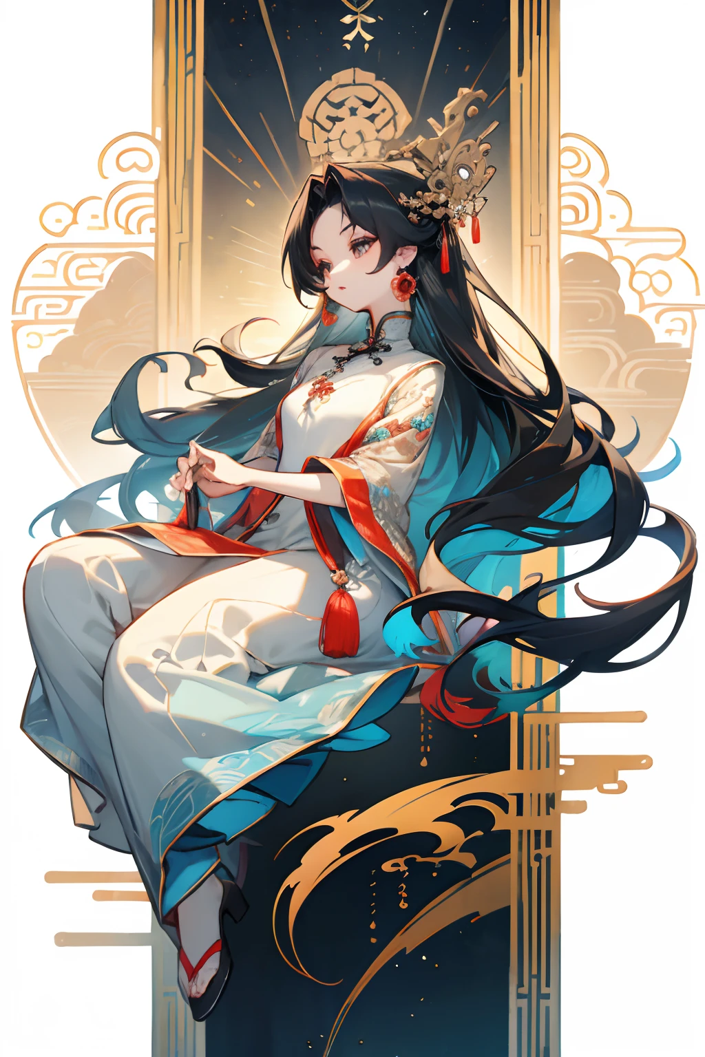 Chinese transparent silk dress, dress, hair adornments, necklace, jewelry, Long hair, Earrings, Chinese clothes
