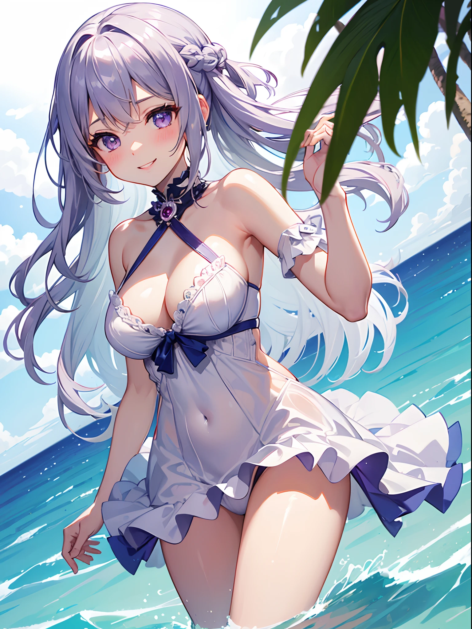 ((4K, master piece, Best Quality)), 1girl in, Silver medium hair, Light purple eyes, Cute, blush, medium breasts, swimsuit, summer smile