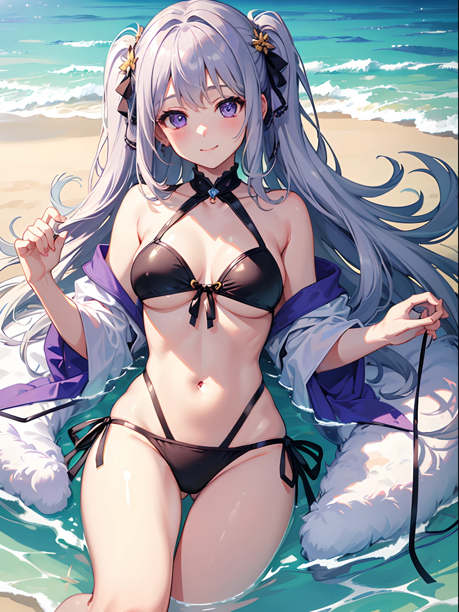 ((4K, ​master piece, Best Quality)), 1girl in, Silver medium hair, Light purple eyes, Cute, blush, medium breasts⁩, swimsuit, summer smile