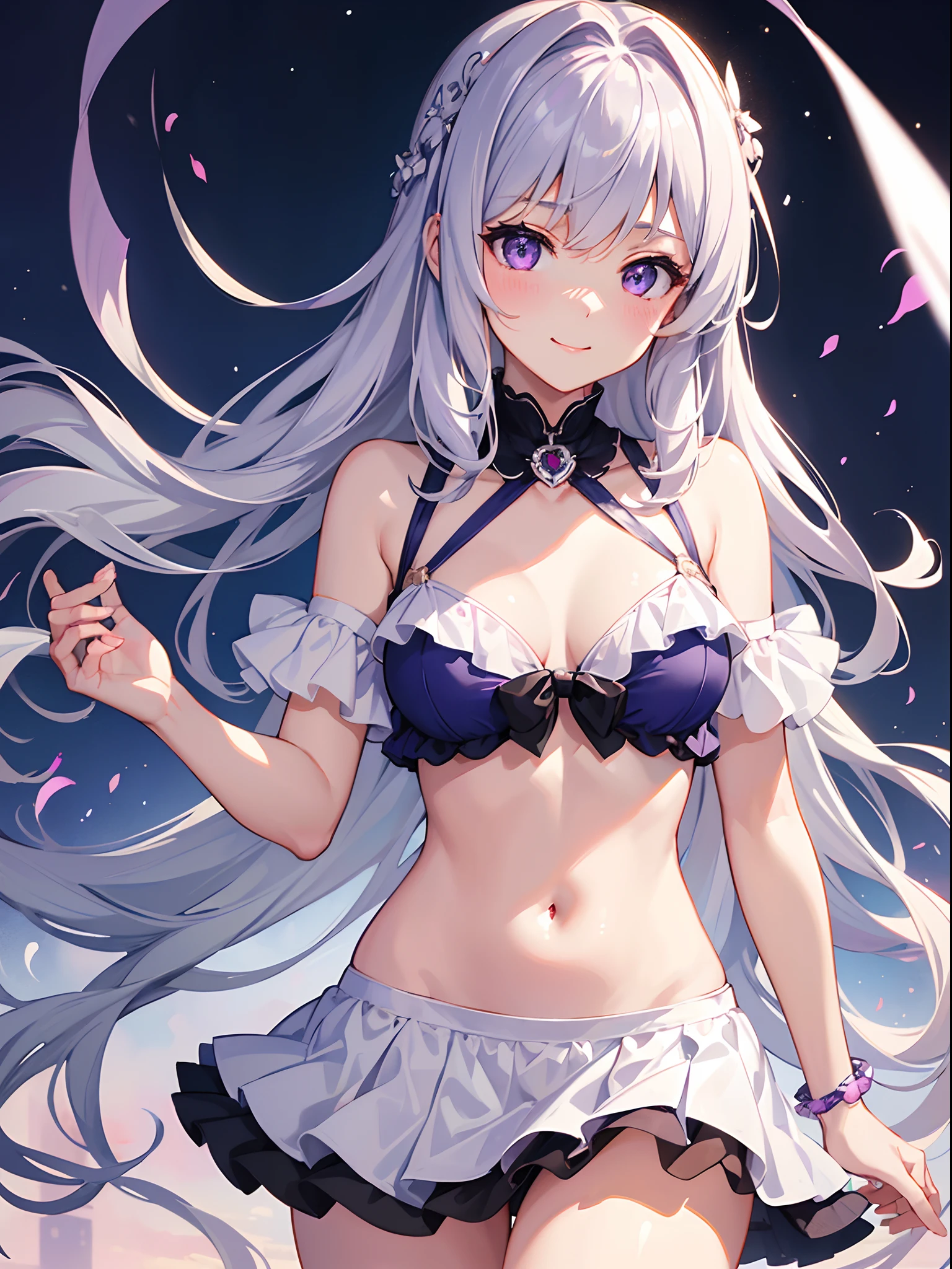 ((4K, master piece, Best Quality)), 1girl in, Silver medium hair, Light purple eyes, Cute, blush, medium breasts, swimsuit, summer smile