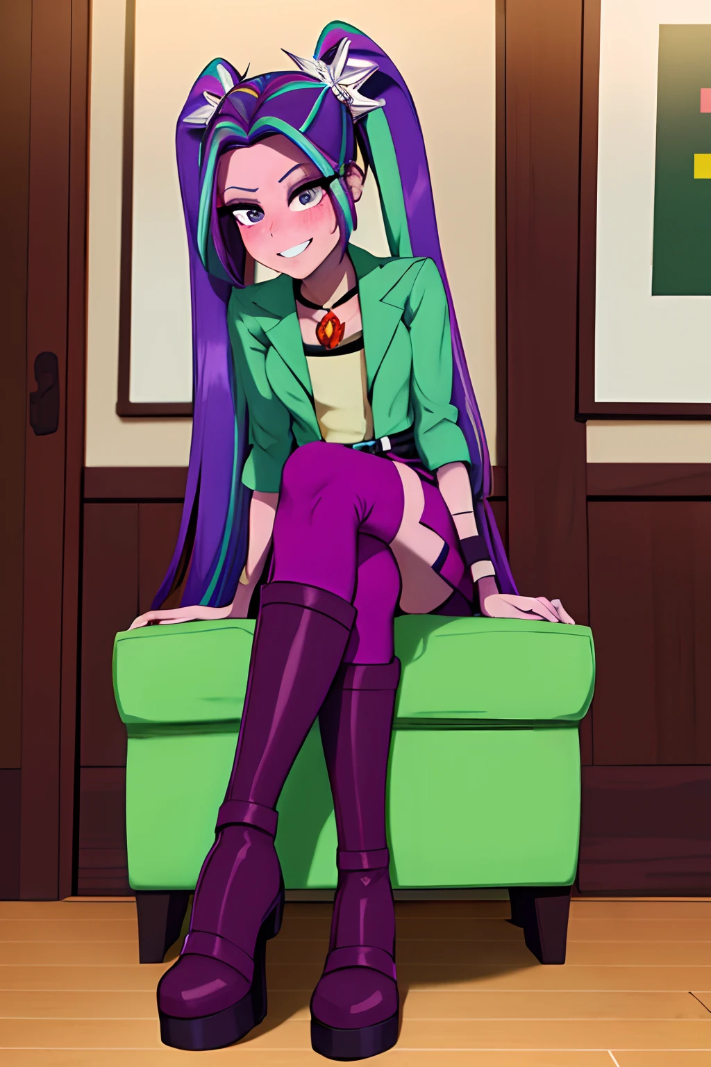 ARIA BLAZE, colored skin, purple skin, twintail, Hair ornaments, green jacket, Purple skirt, thigh boots, belts,Thin leg, (Best Quality,4k,8K,high resolucion,Masterpiece:1.2),Ultra-detailed,realisitic:1.37,Vivid colors,studio lit, thin body, black outline, Bold contour jewelry necklace, Lovely smile, sit, crossed legs, blush, full body, cafe, drinking, holding coffee, table, chair