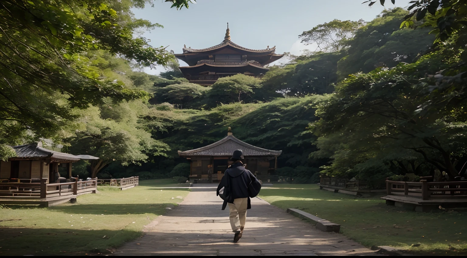 "(melhor qualidade,Alto,master part:1.2),illustration, Shion, homem de vilarejo chines, estilo chines zen, Cultura chinesa, uma caminhada pelas montanhas, Shion olhando de longe um templo escondido no topo de uma colina, It was a haven of peace in the midst of the hustle and bustle of the world.
