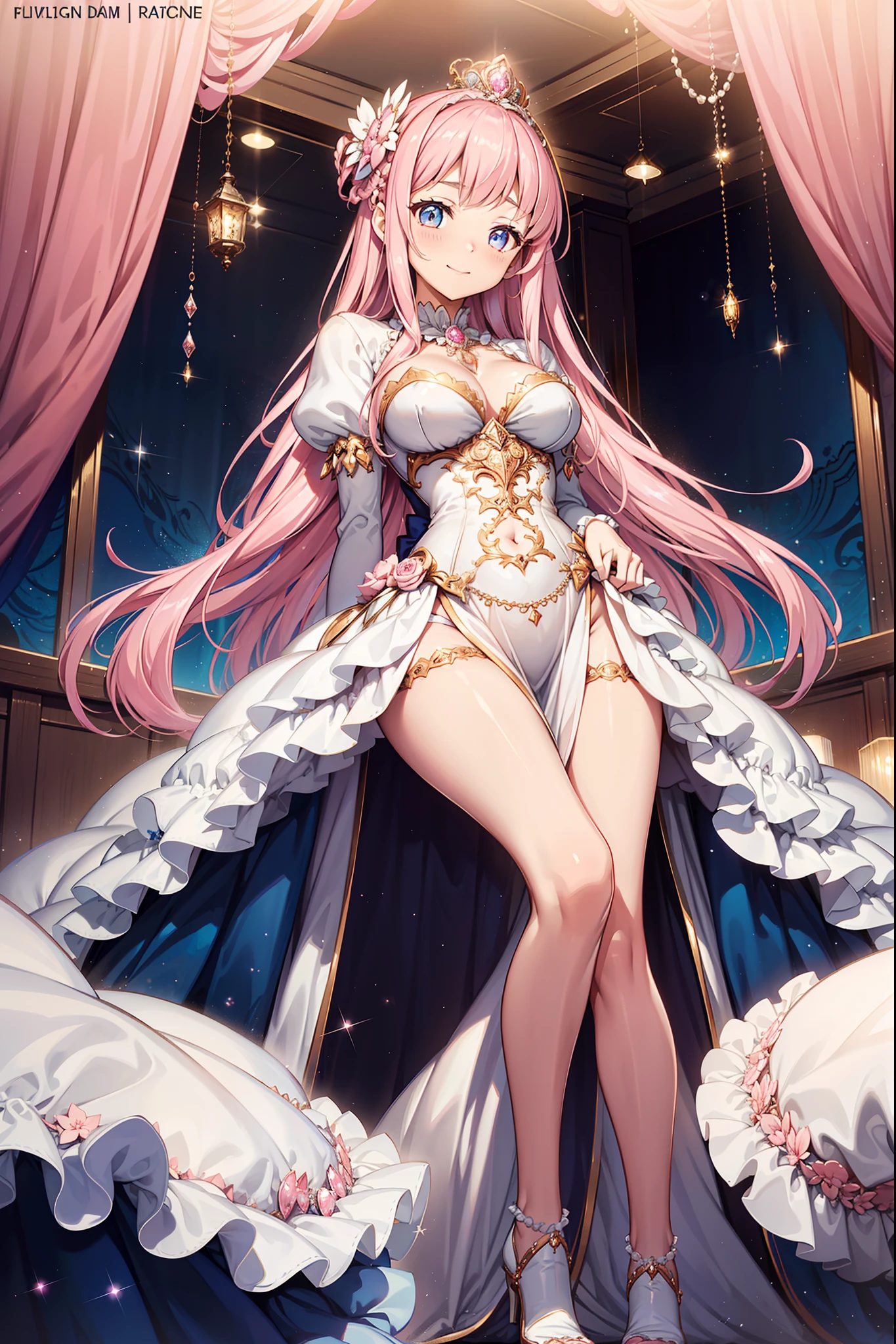 Dramatic composition,Court style,royal,a gorgeous,Layers of frills,The best princess,Ruffles,Bow knot,Ponet cap,Maximalism,Palatial background,Carefully depicted hair and eyes,ssmile,Starry eyes,cinematric light,extreme hight detail,High- sharpness,Happy girl,Very long hair,long skirt,Diamond,pearls,Broken diamonds,Crystal Shard,light particules,Multi-layered skirt,Shine,Divine happiness,Being in love,(Light pink white Victorian princess dress:1.3),(Pink hair),eBlue eyes,exquisite costumes,(see-through transparent clothes),Bedrooms,the night,Movie lighting,the night,solo person,Fluttering skirt,Elegant and noble gesture