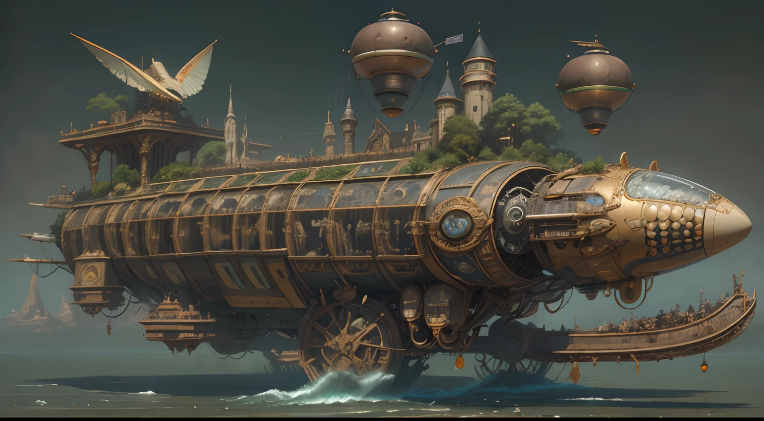 best qualtiy，tmasterpiece，超A high resolution，（realisticlying：1.4），absurderes，1 Best Long Shot Photo of Mechanical Airship Manor，Fantasy Sci-Fi Vehicles，hyper realisitc，steampunc，Complex design，insanely detaileda，Up to detail，Steampunk AI，