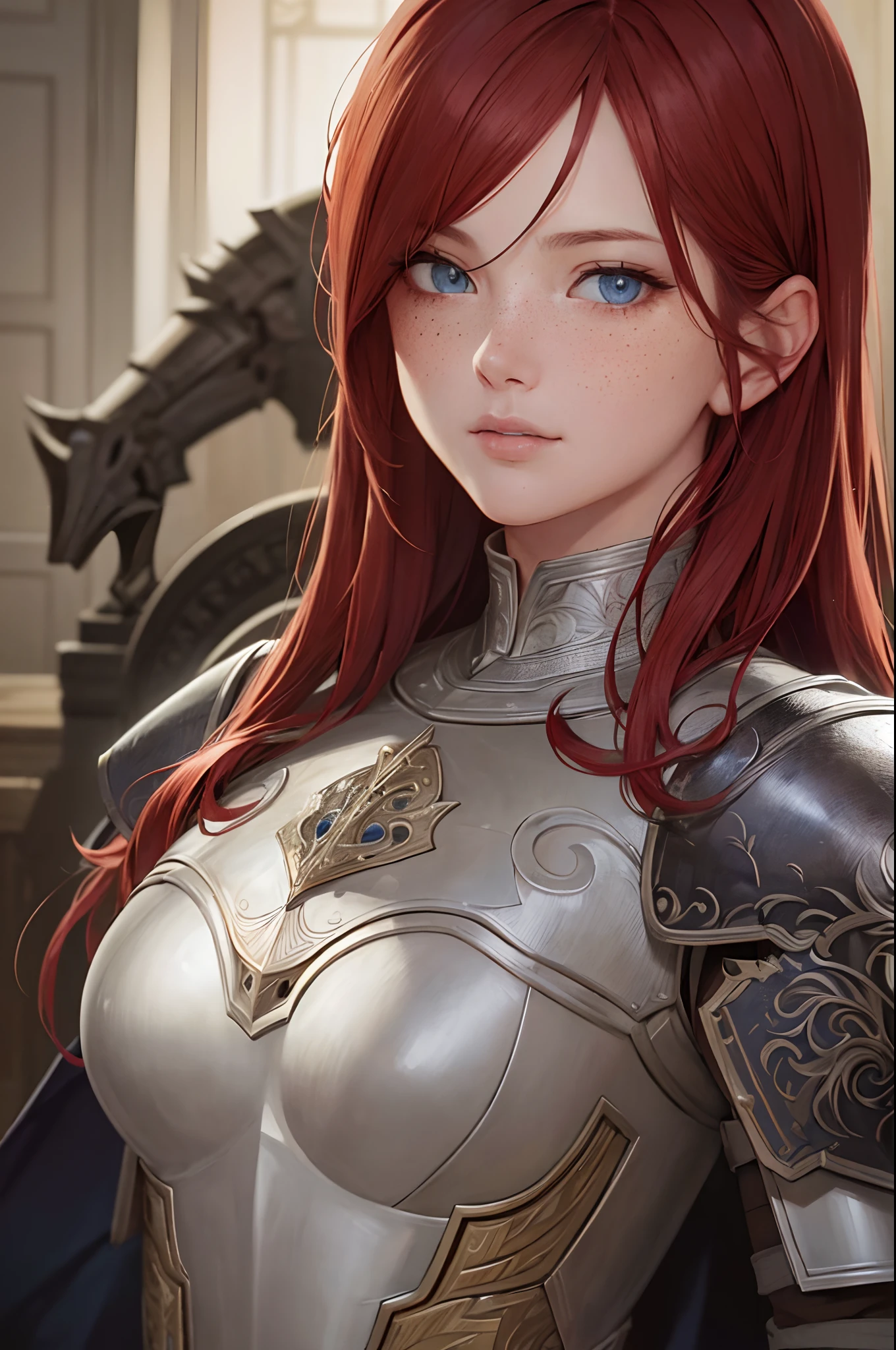 masterpiece, (realistic), highres, highly detailed, intricate, beautiful woman, red hair, blue eyes, freckles, detailed face, knight, armor