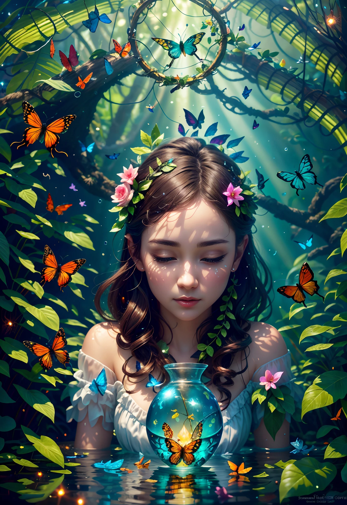 Fantasy in a glass, "ethereal roses, cute animals, glowing little mushrooms surrounded by delicate leaves and branches, and fireflies and glowing particle effects", (natural elements), (jungle theme), (leaves), (branches), (fireflies), butterflies, (delicate leaves), (glow), (particle effects), super realistic, super detailed, dramatic lightning, 4k, masterpiece, light crystal blue, high quality, highly detailed, 8K Ultra HD, butterfly made of water spray, In this enchanting artwork, the very essence of water transforms into ethereal butterflies, each droplet gracefully adorning the wings of a butterfly in flight, The translucence of the water captures the delicate beauty of the butterfly, as if nature has granted fleeting wings to the liquid essence, The intricate patterns formed by these aquatic butterflies evoke a sense of enchantment, their ephemeral forms suspended in time, The play of light on their wings adds a touch of magic, turning ordinary droplets into a symphony of aquatic butterflies, dancing in the realm where water meets whimsical flight, by yukisakura, awesome full color,