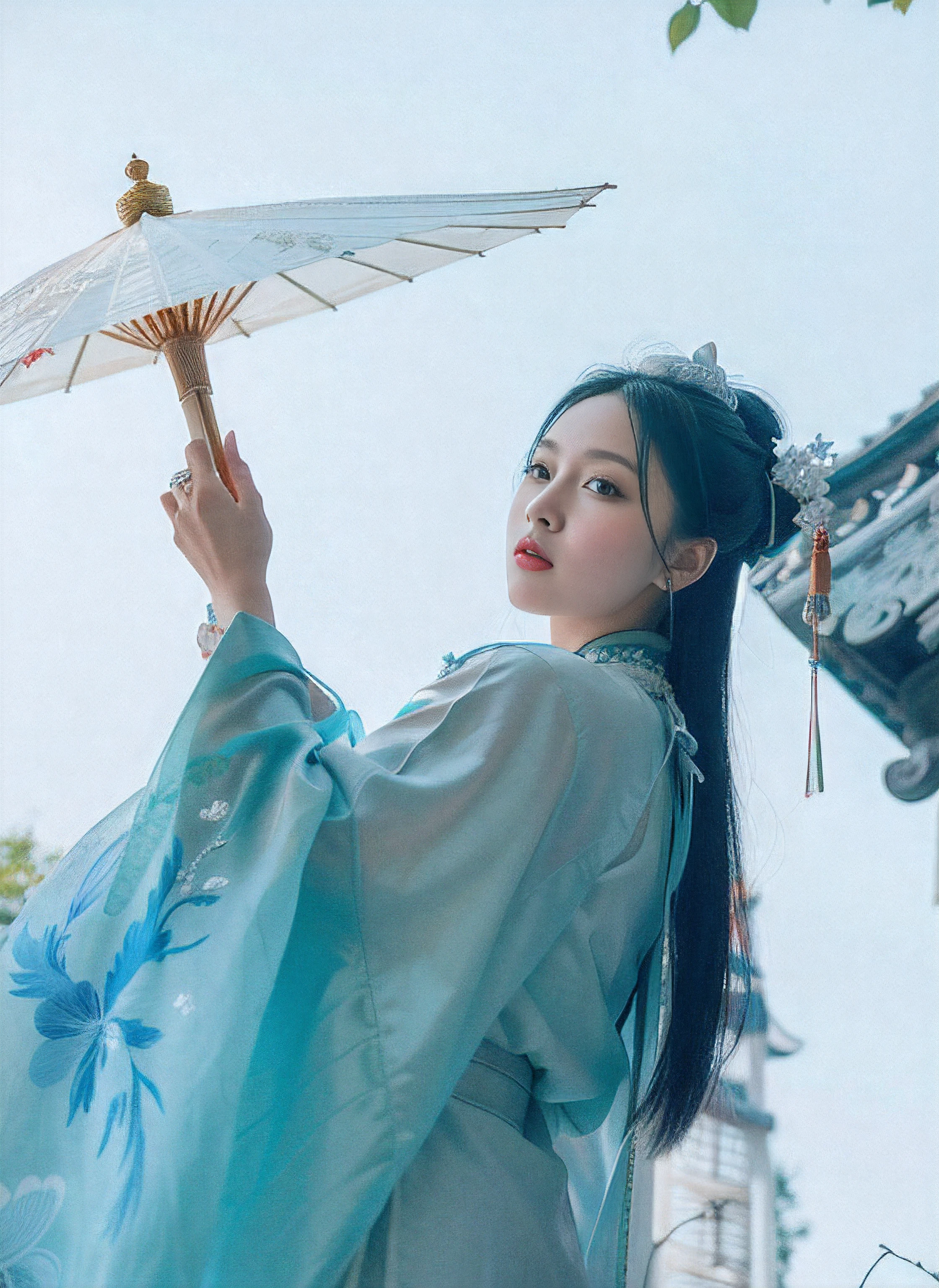 An Asian woman in traditional dress holds an umbrella, Palace , A girl in Hanfu, Hanfu, Wearing ancient Chinese clothes, White Hanfu, Traditional Chinese clothing, Chinese girl, Chinese woman, Chinese traditional, with acient chinese clothes, Chinese style, China Princess, Chinese costume, Princesa chinesa antiga, A young Asian woman, Traditional beauty