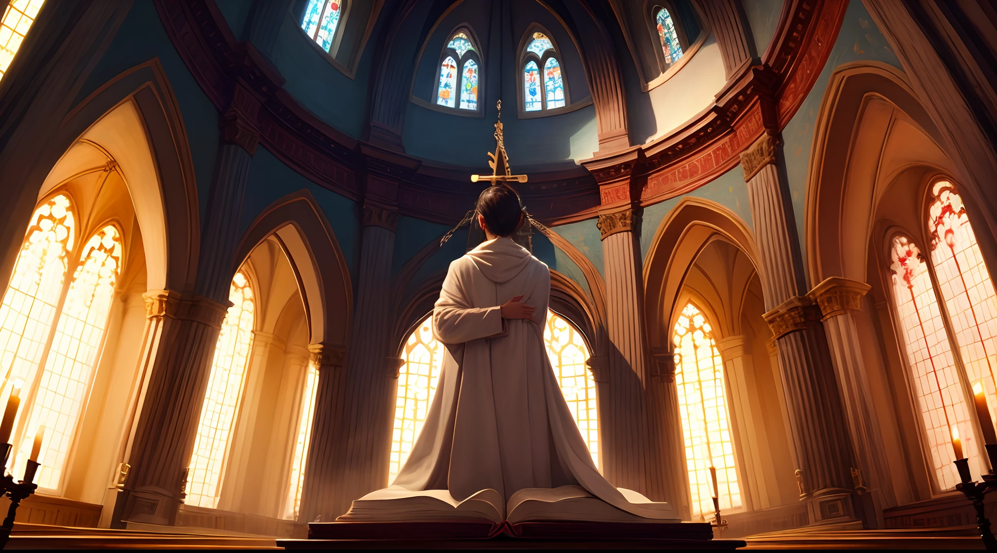 Arafed image of a woman in a white robe standing in a church - SeaArt AI