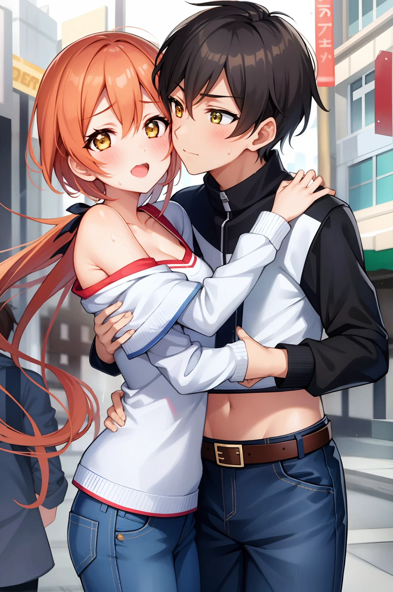 ((girl hug her boyfriend)),1boy,1girl, clothed male,Hoshizora rin, Best Quality,(beauty), 1girl,phisically-based render ,ultra highres,(cowboy shot:1.5),narrow waist, skinny, big eyes,long legs,jeans,leather belt,small breasts,puffy eyes, leather belt,(rainy city), shiny skin, facing viewer, Victory posture,(midriff:0.7), sweating, flying sweat drops,off shoulder, midriff