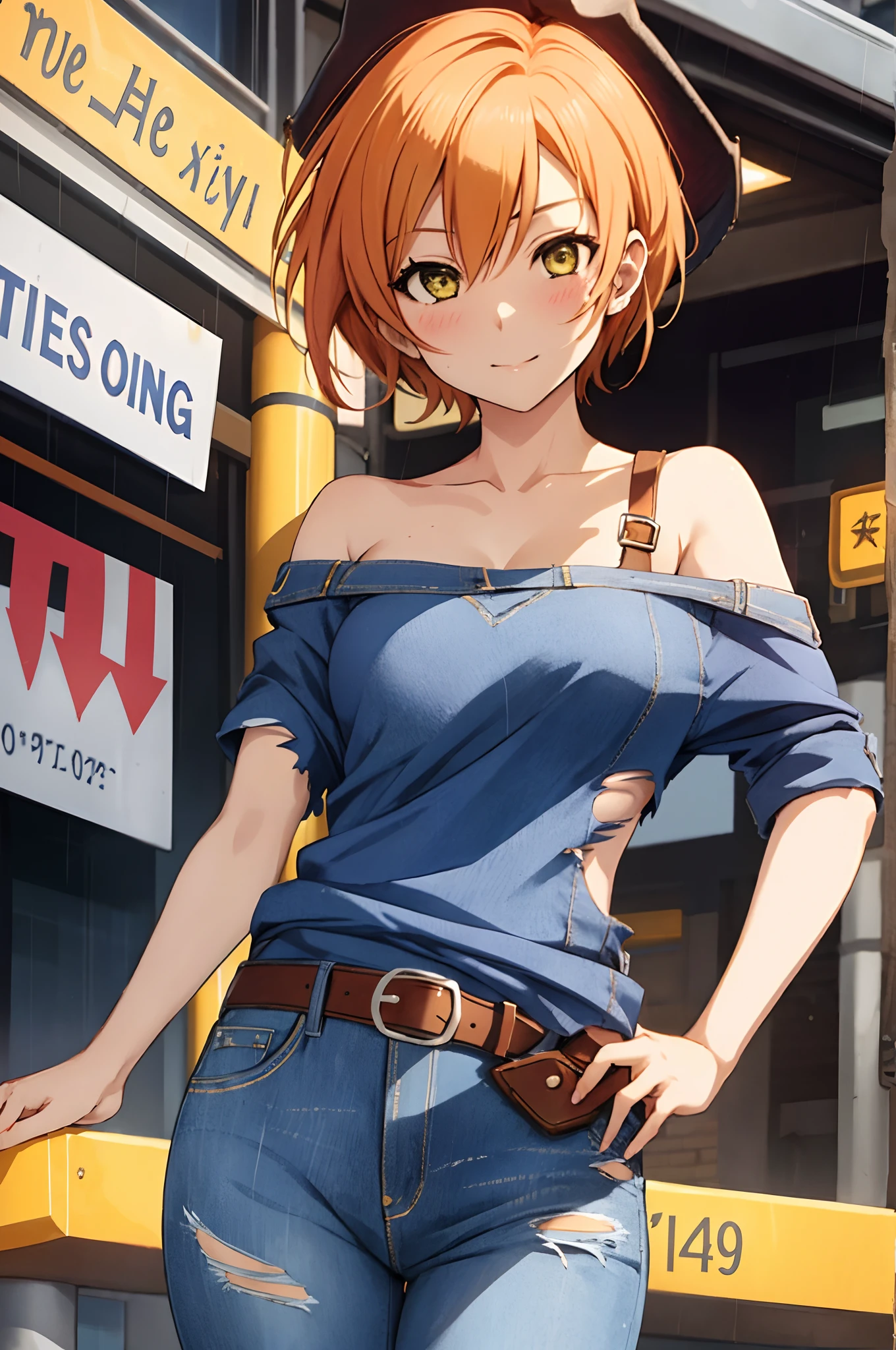 Hoshizora rin, Best Quality,(beauty), 1girl,phisically-based render ,ultra highres,(cowboy shot:1.5),narrow waist, skinny, big eyes,long legs,jeans,leather belt,small breasts,puffy eyes, leather belt,(rainy city), shiny skin, facing viewer, Victory posture,(midriff:0.7), sweating, flying sweat drops,off shoulder,(torn clothes:1.3)