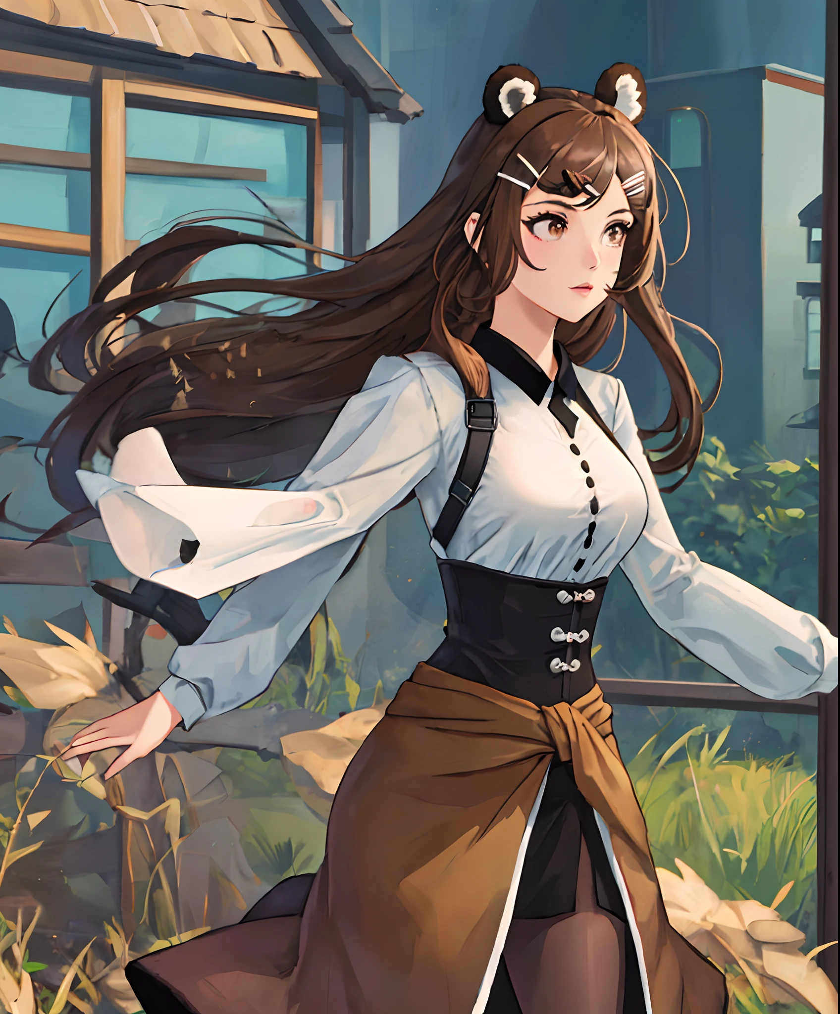 1girl, solo, high res, brown hair, hair clip, panda ears, long hair, vtuber, medium breasts, hazel eyes , waist up, cottage core
