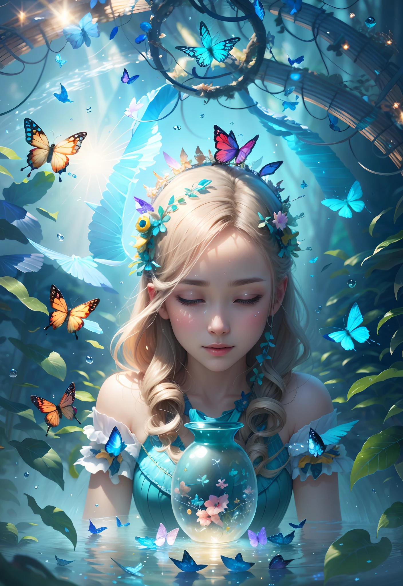 light crystal blue, high quality, highly detailed, 8K Ultra HD, butterfly made of water spray, In this enchanting artwork, the very essence of water transforms into ethereal butterflies, each droplet gracefully adorning the wings of a butterfly in flight, The translucence of the water captures the delicate beauty of the butterfly, as if nature has granted fleeting wings to the liquid essence, The intricate patterns formed by these aquatic butterflies evoke a sense of enchantment, their ephemeral forms suspended in time, The play of light on their wings adds a touch of magic, turning ordinary droplets into a symphony of aquatic butterflies, dancing in the realm where water meets whimsical flight, by yukisakura, awesome full color,