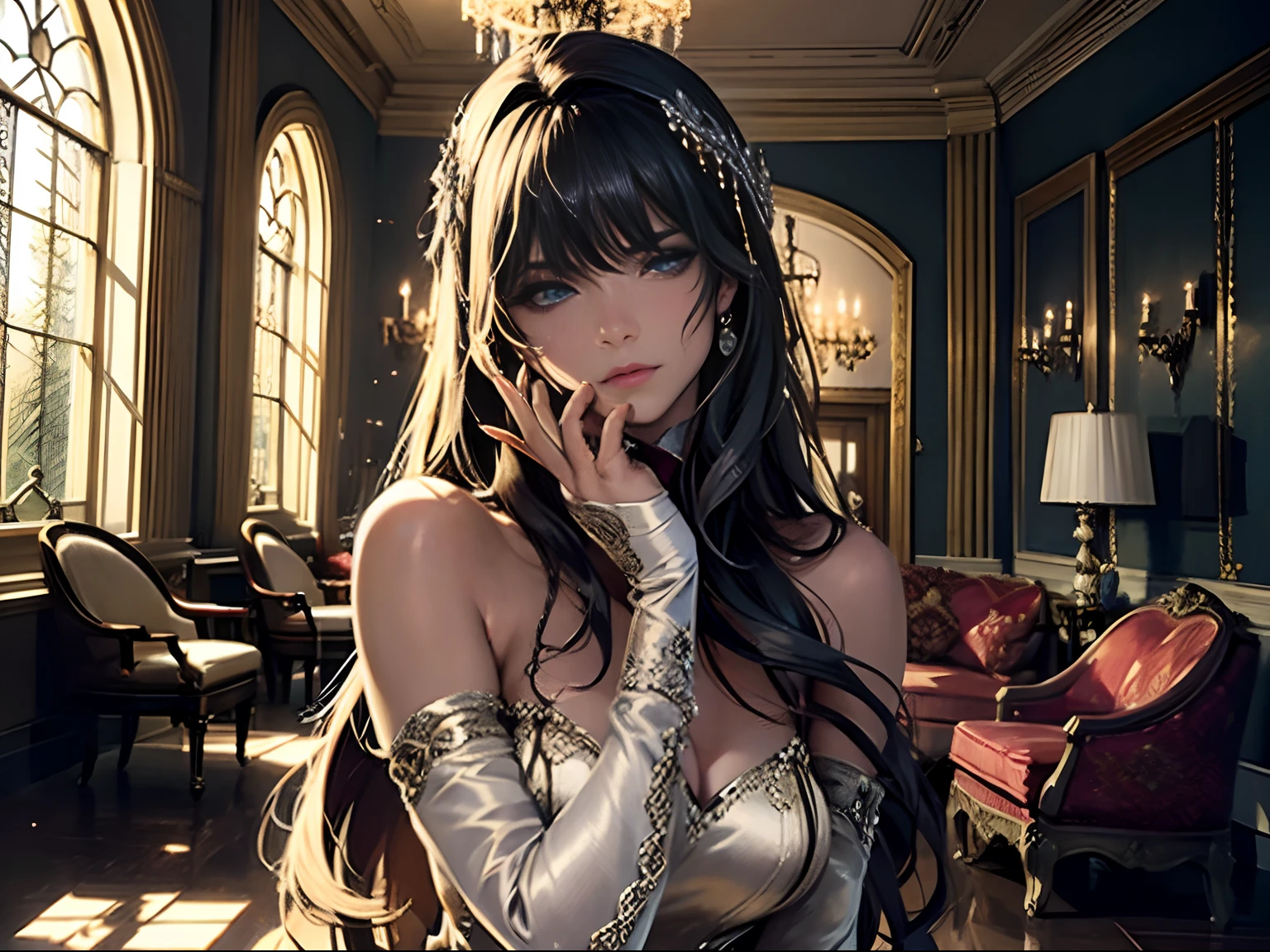 A girl in a luxurious mansion, sad expression, (photorealistic:1.4), cinematic atmosphere, dramatic lighting, detailed room, chandelier, dollars-filled table, rich textures, elegant dress, hand-drawn artwork on the walls, marble floors, sparkling crystal wine glasses, vintage furniture, antique ornaments, tall French windows, soft natural light, melancholic vibes, soft color palette, delicate features, delicate jewelry, intricate lace curtains, a hint of nostalgia, exquisite makeup, tearful eyes, flowing long hair, a touch of loneliness, captivating presence