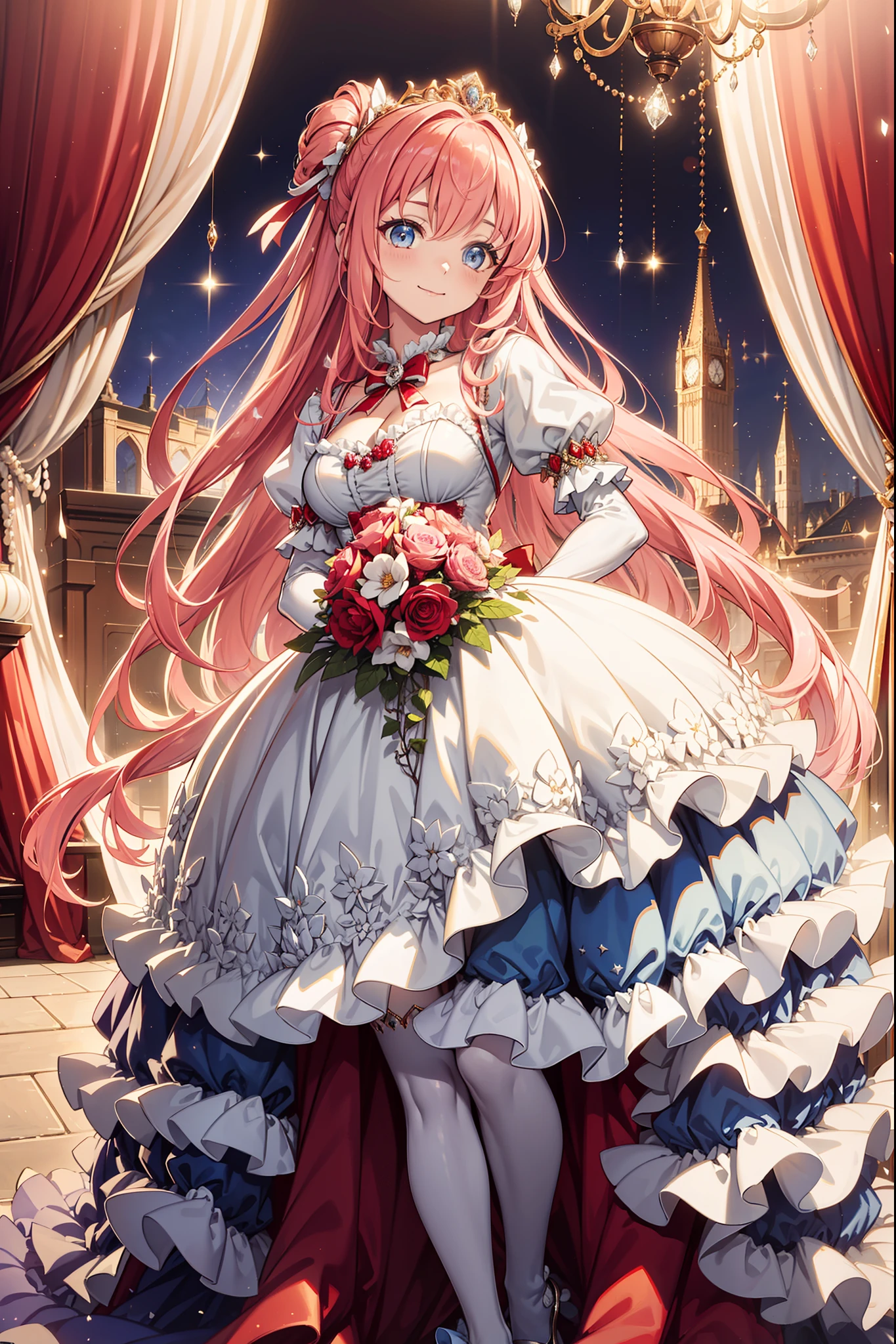 Dramatic composition，Court style，royal，a gorgeous，Layers of frills，The best princess，Ruffles，Bow knot，Ponet cap，Maximalism，Palatial background，Carefully depicted hair and eyes，ssmile，Starry eyes，cinematric light，extreme hight detail，High- sharpness，Happy girl，Very long hair，long  skirt，Diamond，pearls，Broken diamonds，Crystal Shard，light particules，Multi-layered skirt，Shine，Divine happiness，Being in love，(Light red and white Victorian princess dress:1.3)，(Pink hair)，eBlue eyes，exquisite costumes，(see-through transparent clothes)，Bedrooms，the night，Movie lighting，the night，solo person，Fluttering skirt，Elegant and noble gesture