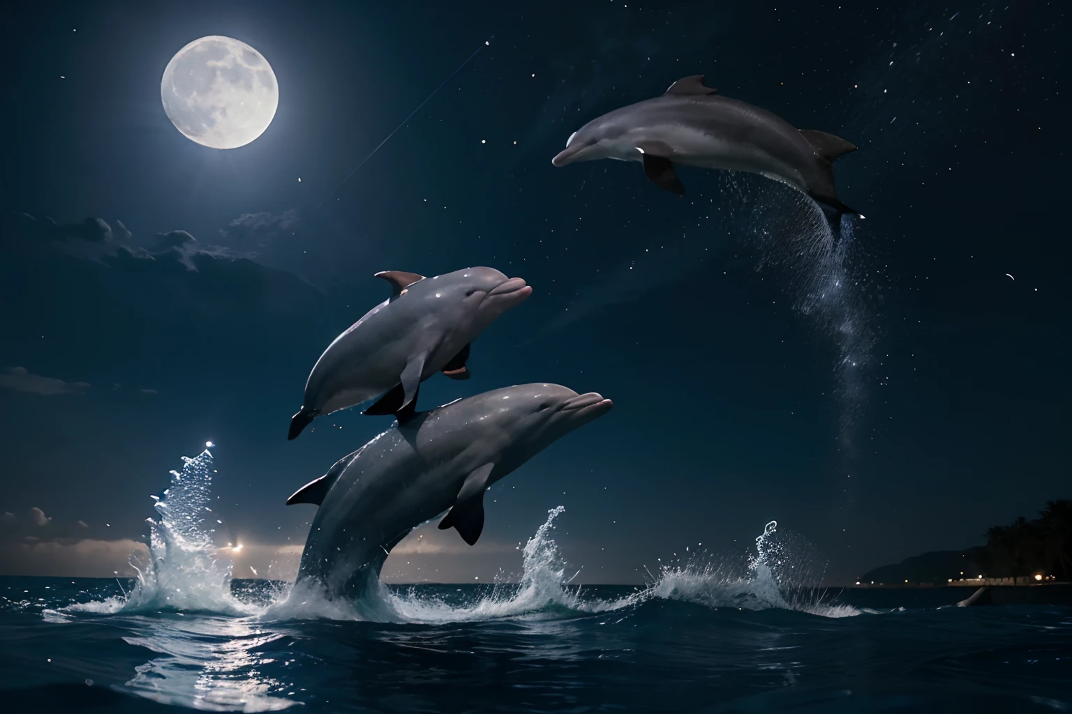 Live-action、hiquality、mid night、Giant Blue Moon、Dolphins are jumping、Splashes in the moonlight、dark ilumination