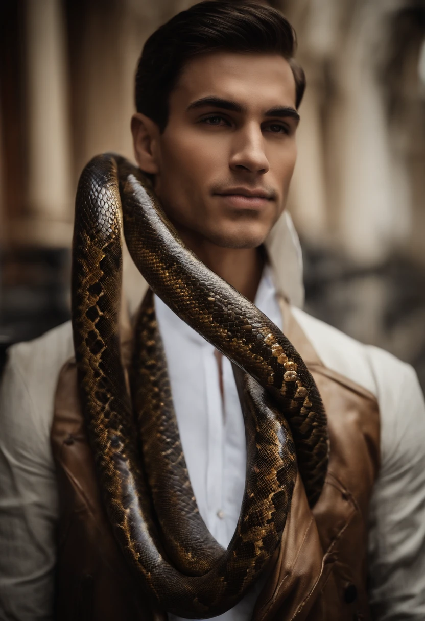 (obra-prima, melhor qualidade), foto em close, sozinha, uma mulher adulta com cabelos curtos acima da orelha, cabelo negros com pontas azul escuro, couro preto, meias compridas, (((cabelos ondulados))), (( (Your white pet snake wrapped around your neck like a scarf))), casaco longo e elegante que atinge seus tornozelos. The coat is predominantly black, com detalhes em azul escuro e dourado, giving it a real and majestic appearance. It is open at the front, allowing his chest and a light gray shirt to be visible underneath. Tight, dark pants that match the shade of your coat. Cotas altas e pesadas, which are ideal for a combat leader and are predominantly dark, combinando com o tom geral de sua roupa. wears long gloves that cover his hands, adding a touch of mystery and style to your look. His eyes are golden, which adds a touch of uniqueness to your look and suggests a certain mystery. Olhar de sinismo, deboche, frieza. segura duas espadas longas e afiadas, with snakehead handle. correntes, halo, boa anatomia, right proportions, botas pretas, rainha, graves, mysterious appearance, sangue, no emotion, palace, malvado, gotic, mid chest, armas de sangue, pontas de sangue, Head-to-chest display, kinematics, colorful oil painting, solo, film lighting, rosto extremamente detalhado, finamente rosto detalhado, rosto lindo, olhos lindos, perfect lighting, profundidade de campo, Realistic proportions, boa anatomia.