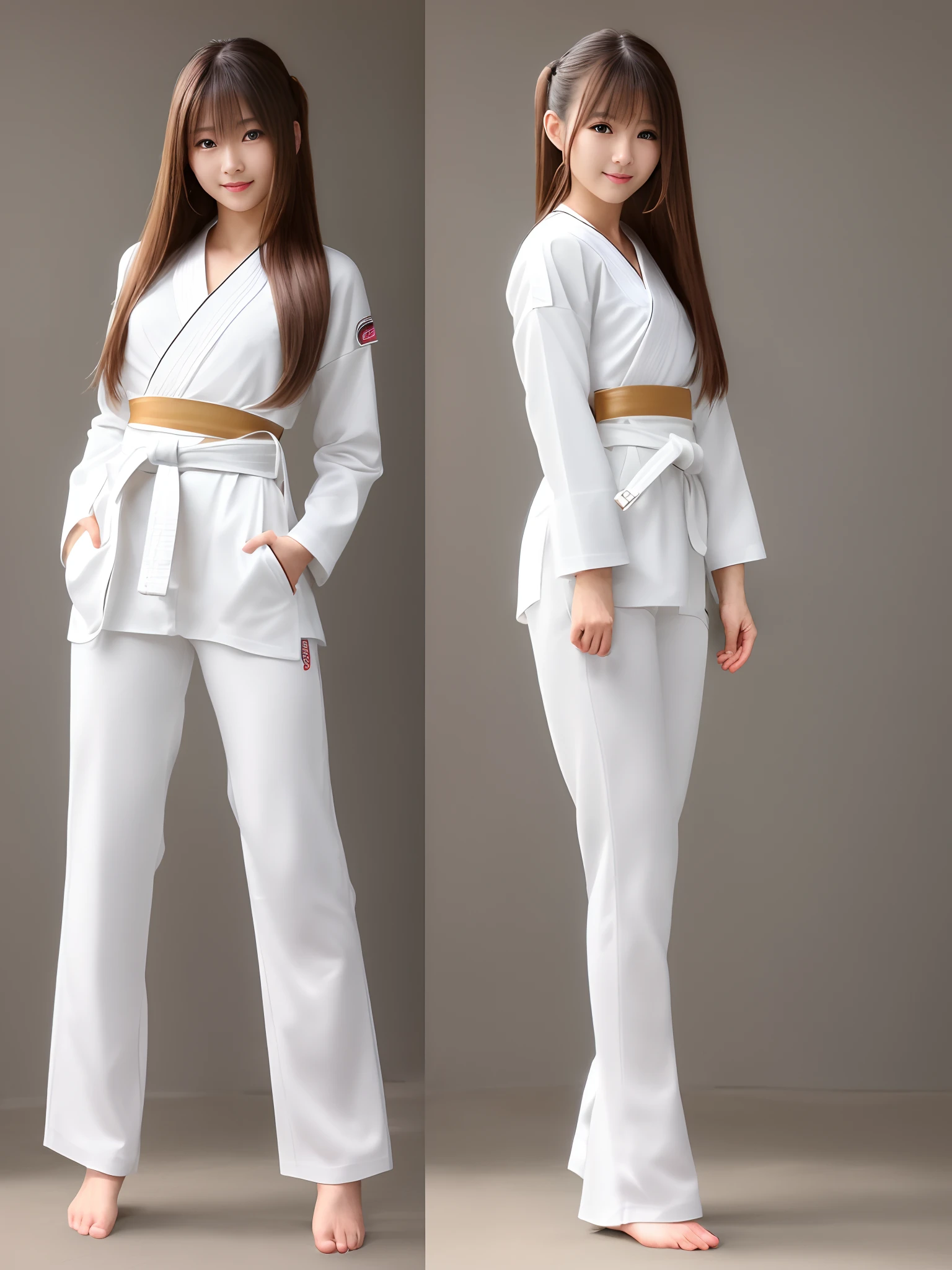 (Photorealsitic)(sixteen years old), Perfectly beautiful woman, (Full body 8K portrait), Bring your fist forward, Large and dynamic hand and foot movements, Correct skeleton, White Karate Uniform, White karate pants, Large bust,Stand alone, Perfect facial detail, (Smile: 1.15), attractive beautiful face, gazing at viewer, a small face, 二重まぶた, Beautiful detailed eyes, long eyeslashes, ligh brown hair, poneyTail, Toned waist, Beautiful thin legs, toned ankles, bare-legged ,TOKYOcty