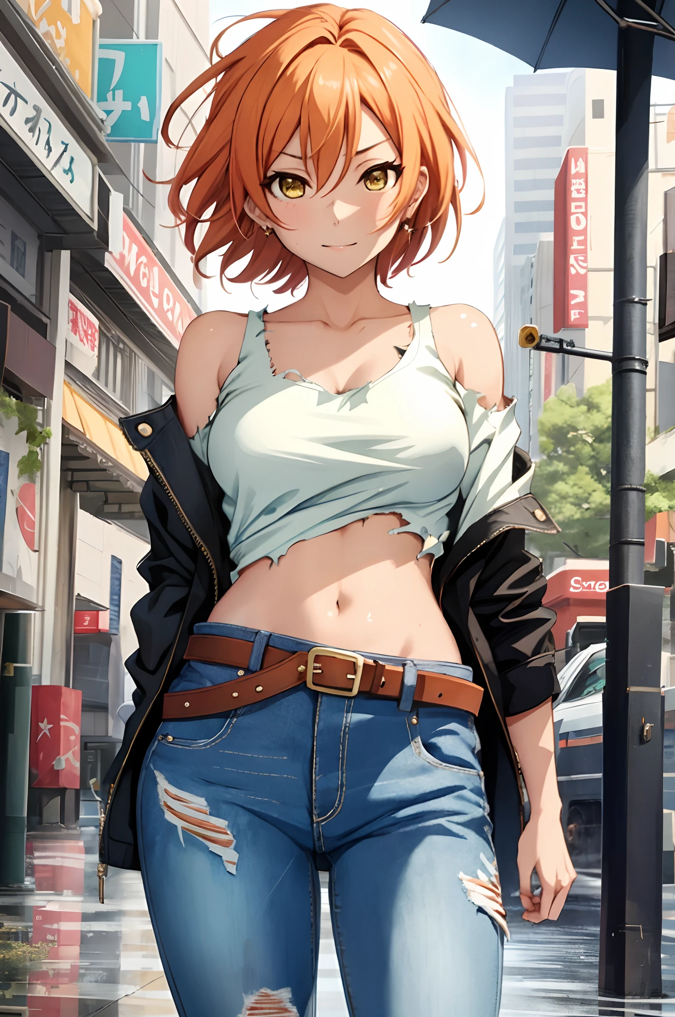 Hoshizora rin, Best Quality,(beauty), 1girl,phisically-based render ,ultra highres,(cowboy shot:1.5),narrow waist, skinny, big eyes,long legs,torn jeans,leather belt,small breasts,puffy eyes, leather belt,(rainy city), shiny skin, facing viewer, Victory posture,(midriff:0.7), sweating, flying sweat drops,torn top,off shoulder,(torn clothes:1.3)