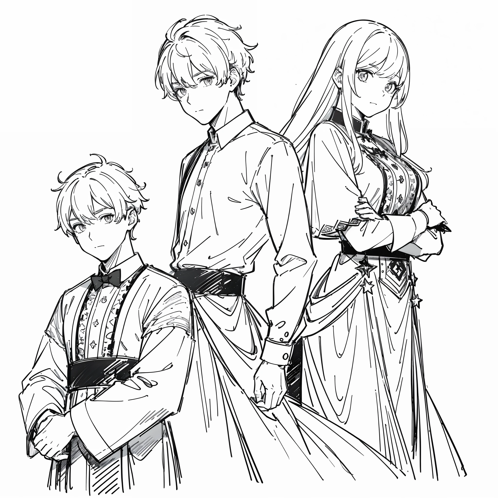((masterpiece)),(((best quality))),((((sketch)))),((monochrome)),(character design sheet), same character, front, side, back), illustration, (2 boy), hair color, bangs, hairstyle fax, eyes, environment change scene, Hairstyle Fax, Pose Zitai, (Men), Shirt Shangyi, Star, Charturnbetalora, (simple background, white background: 1.3), --6