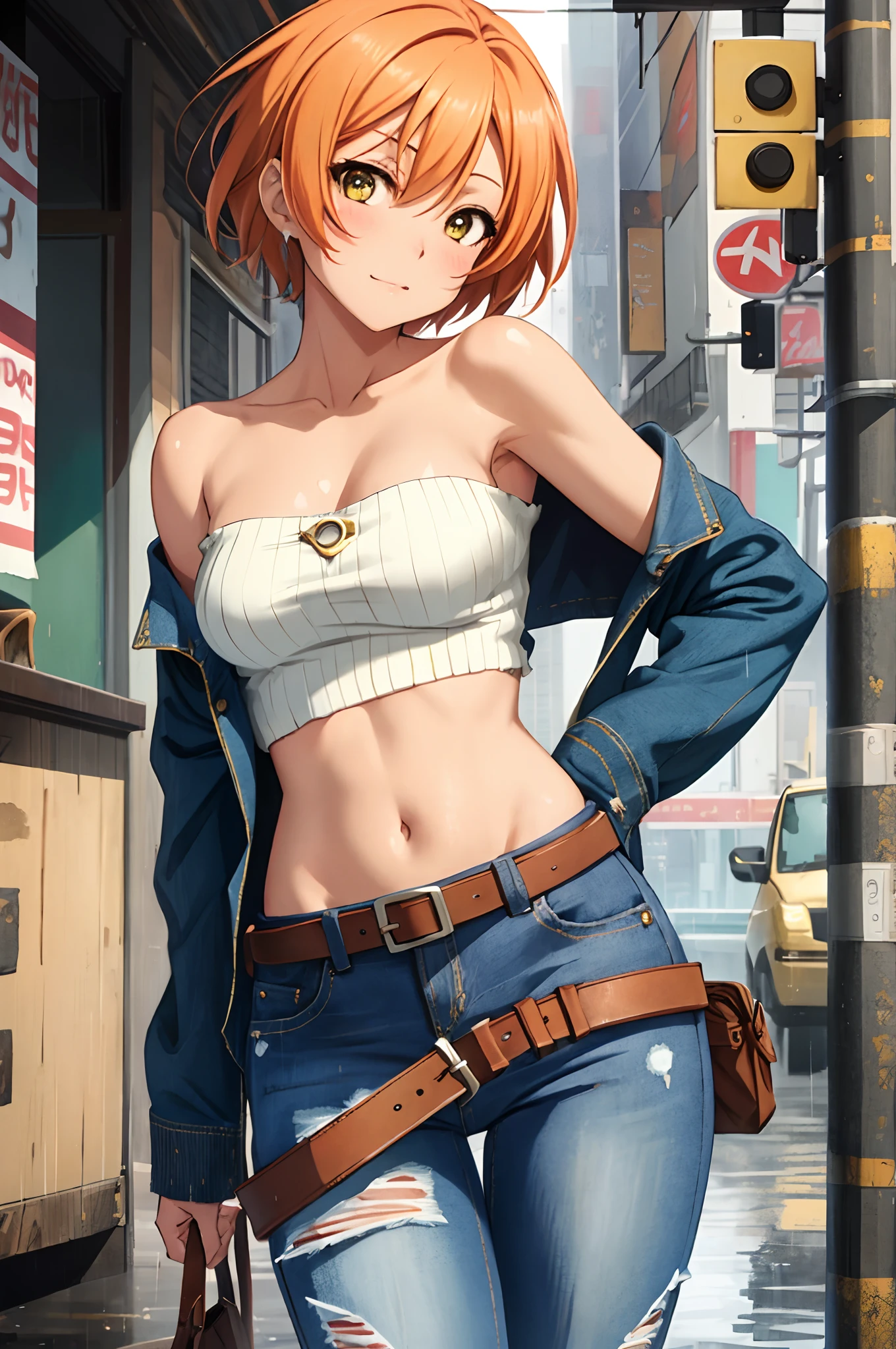 Hoshizora rin, Best Quality,(beauty), 1girl,phisically-based render ,ultra highres,(cowboy shot:1.5),narrow waist, skinny, big eyes,long legs,torn jeans,leather belt,small breasts,puffy eyes, leather belt,(rainy city), shiny skin, facing viewer, Victory posture,(midriff:0.7), sweating, flying sweat drops,torn top,off shoulder,(torn clothes:1.3)