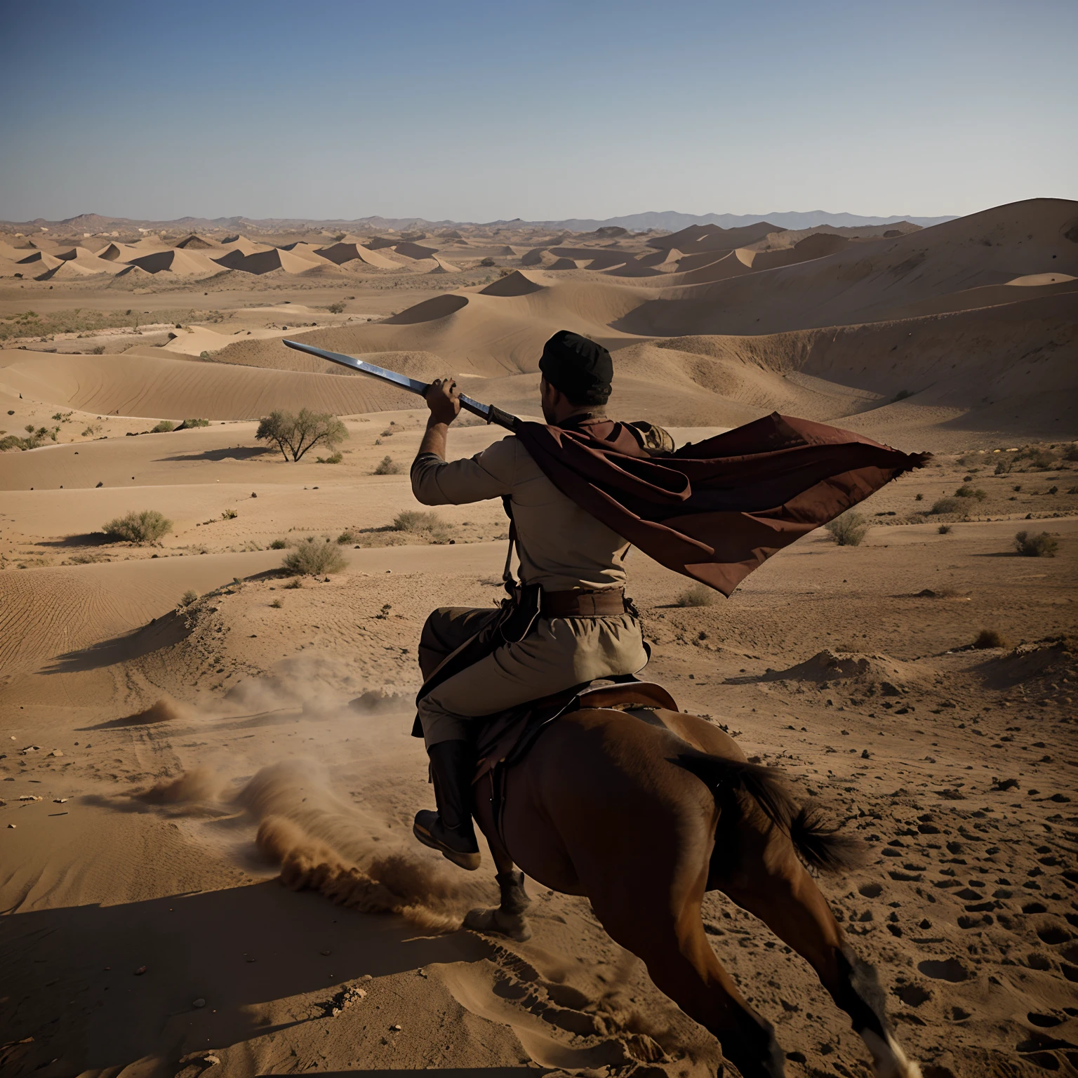 A side view of a picture like A man running a horse towards thousands of enemy in the desert holding Muslim flag on right hand and sword on left hand