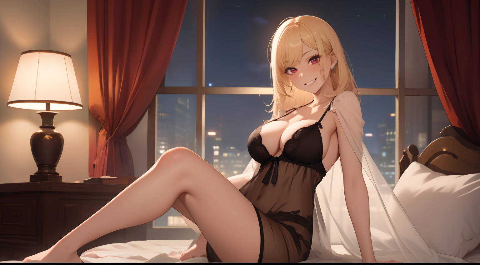 masutepiece, 1womanl, (((Solo))), of the highest quality, Hi-Res, 4K, cleavage, ((Sheer nightgown)), medium breasts, Red Eyes, a blond ,  Full body,  earrings、ssmile