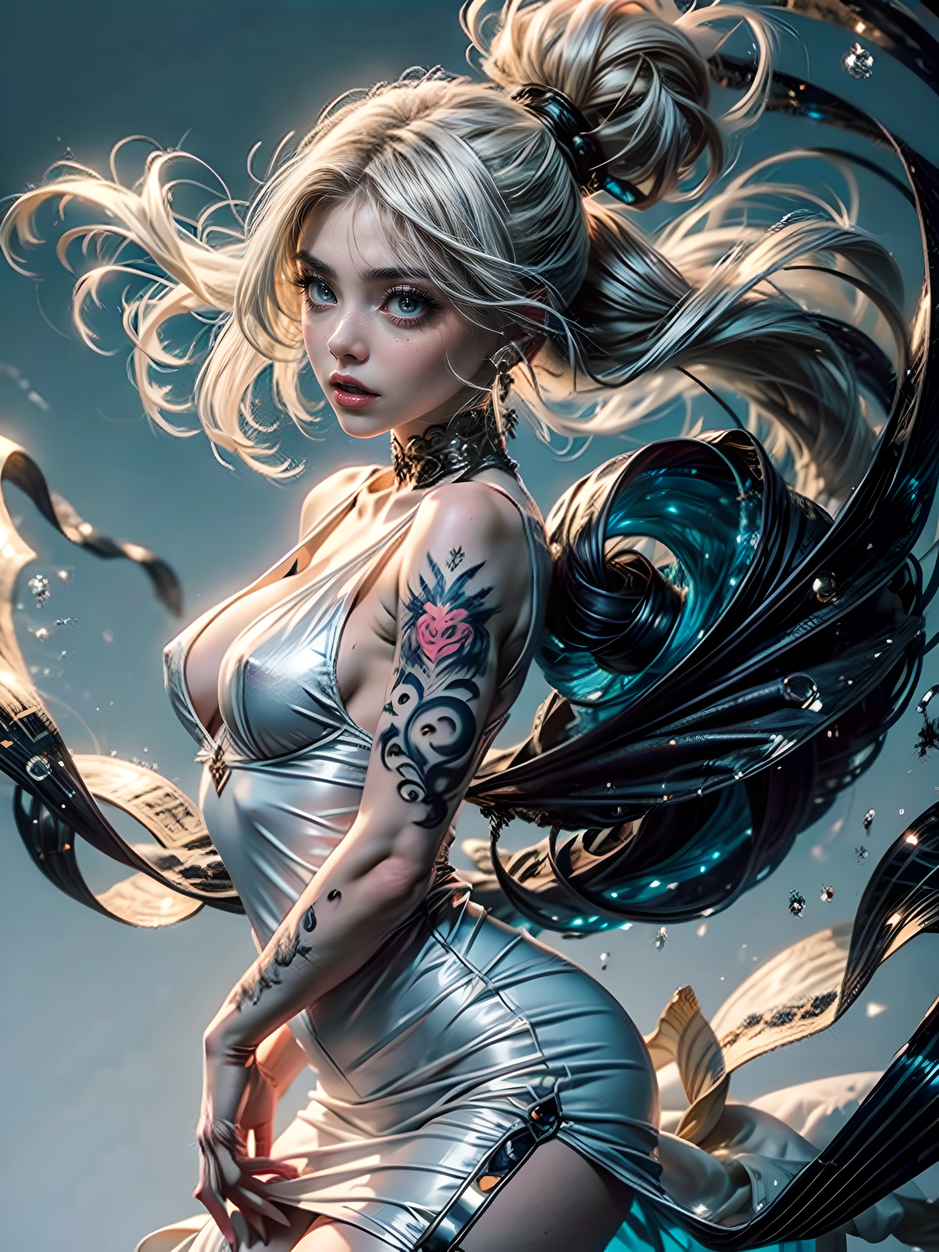 A beautiful babe, sex pose, erotic design , erotic face, erotic pose, pore white hair, small tits, big eyes, sexy eyes, body covered with tattoo, red lips, sexy lips, sexy face, erotic, erotic pose, FULL BODY, (windy), white background, dark light, white dress,