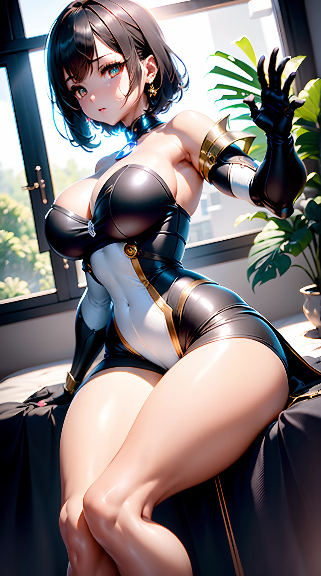 There is a woman sitting on the bed having,Wear a black and white shirt, with short hair, Brunette hair, She has black hair,By bangs, 2b, dress,Big-breasted girl,Correct ray casting,Correct shadows,Multi-layered,Super clear,unreal engine rendered,8K分辨率,Precise details ,Masterpiece, Extremely detailed ,CG,8K wallpaper, Amazing,, Masterpiece,Best quality,Ultra detail,best qualtiy,tmasterpiece,Multi-layered,Correct ray casting,Shadow detail,Ultra-clear,Authentic textures,Volumetriclighting,rendering by octane,clear outfit design,adorned in majestic attire,Ray traching,NVIDIA RTX,Unreal 5, sub surface scattering,PBR textures,Anisotropic filtering, MAXIMUM DEFINITION,Many-Layer Textures,Albedo e mapas Speculares, Surface coloring,Accurate simulation of light-material interactions,perfectly proportions