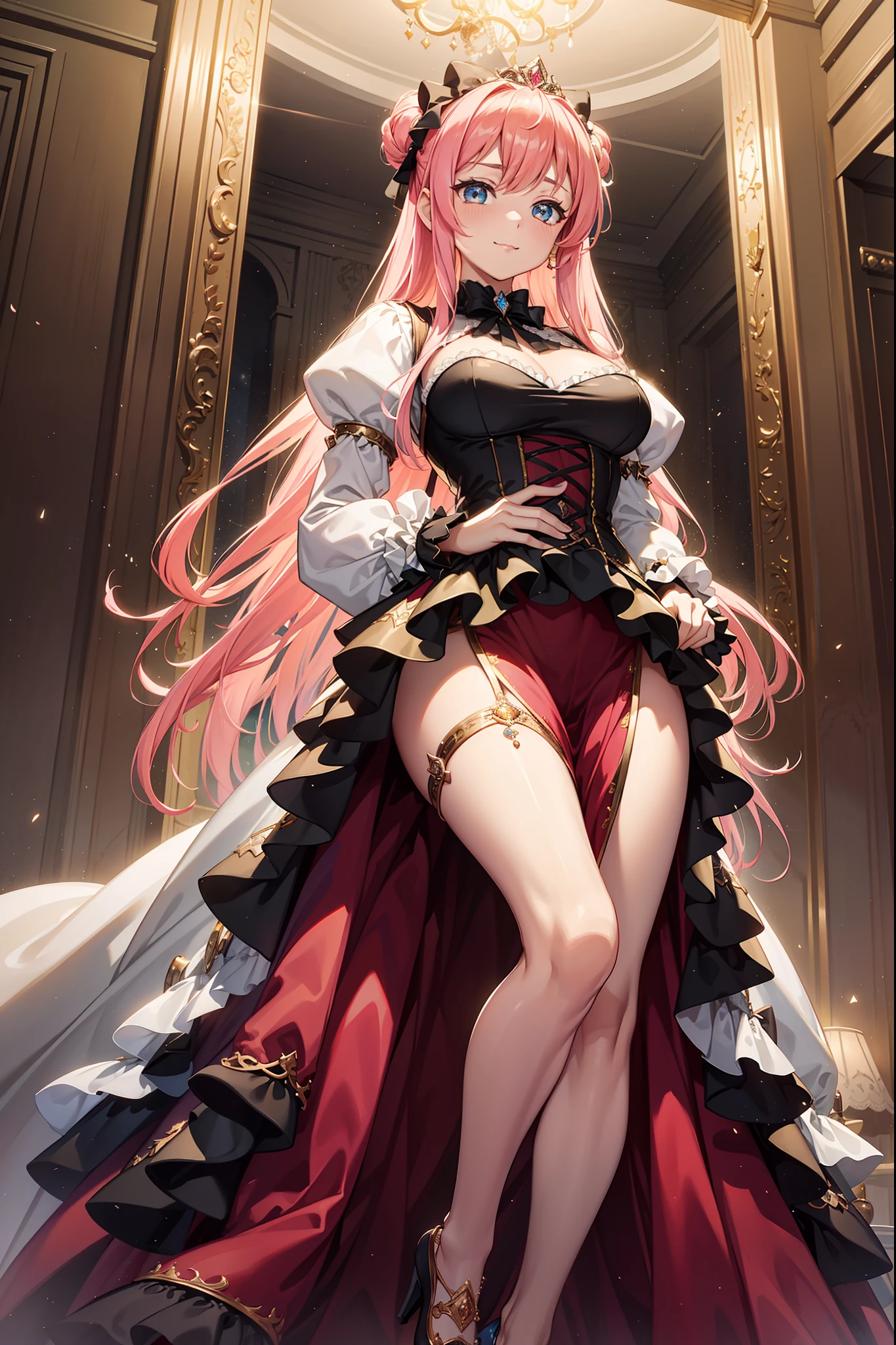(best quality, high resolution, textured skin, high quality, high detail,Extremely detailed CG unification), girl,(obsessed),Divine happiness,Being in love,(Light victorian dress),pink hair,blue eyes,(Fabric headdress),Minimalism,Many delicate ruffles,Many delicate laces,Multi-colored cloth,delicate embroidery,Beautiful pattern,Fabric headdress,Dress nicely,((see through transparent clothes)),bedroom,night,shining,(show off:1.3),Light,night,the only person,fluttering skirt,Maid characteristics,(tempting pose:1.1)