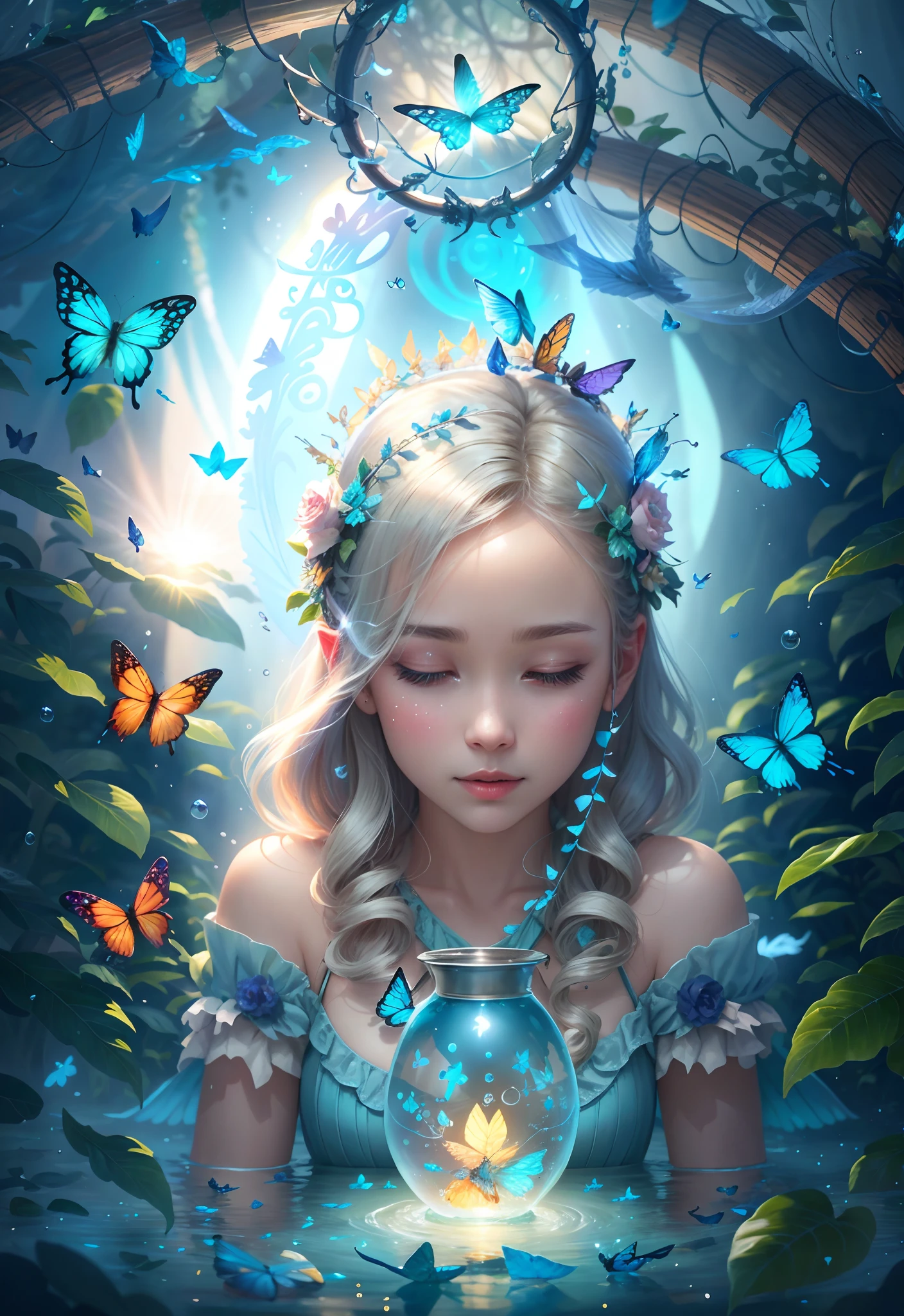 light crystal blue, high quality, highly detailed, 8K Ultra HD, butterfly made of water spray, In this enchanting artwork, the very essence of water transforms into ethereal butterflies, each droplet gracefully adorning the wings of a butterfly in flight, The translucence of the water captures the delicate beauty of the butterfly, as if nature has granted fleeting wings to the liquid essence, The intricate patterns formed by these aquatic butterflies evoke a sense of enchantment, their ephemeral forms suspended in time, The play of light on their wings adds a touch of magic, turning ordinary droplets into a symphony of aquatic butterflies, dancing in the realm where water meets whimsical flight, by yukisakura, awesome full color,