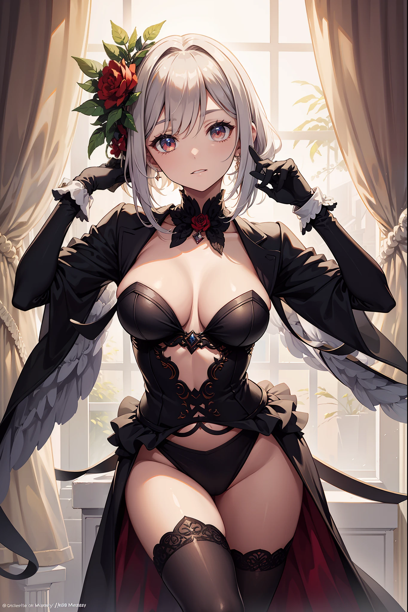 （Masterpiece, side-lighting, fine detailed beautiful eyes: 1.2)，（Masterpiece*Portrait）， luscious skin，（（Solo）），（Scarlet eyes），Hanging eye corners，（highdetailskin），（perfect bodies），A beautiful steampunk girl，little breast，（（Uniforms that include a small bust blazer）），（Satin collar），（Short gloves are as short as half the palm of your hand）