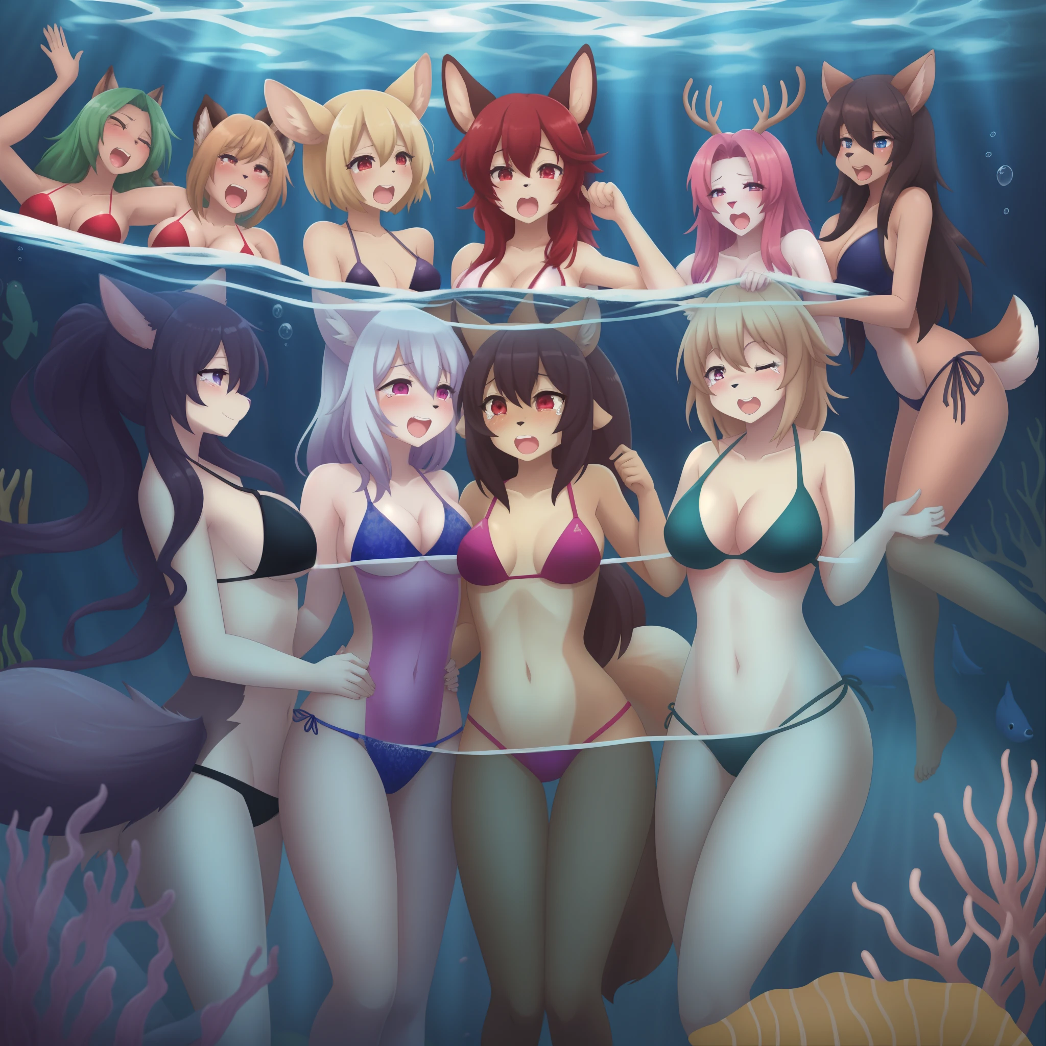 furry:1.5, fur, tail, anthro female, female furry, kemono, detailed fur, best quality, HD, full body, swimsuit, 6girls, 6 girl hugging, multiple subjects, group, team, group shot, fox girl, wolf girl, coyote girl, jackal girl, otter girl, cat girl, deer girl, squirrel girl, hound girl, panther girl, closed up, group lesbian, multiple girls, multiple subject, breasts, medium breasts, adult, group team, lesbian, yuri, scream, peril, 6 girls together, 6 girls in underwater, group together, closed up, 6 girls in bikini, group in bikini, group stuck, group hopeless, group mutual fingering, mutual fingering, bikini only, female masturbation, wading through the liquid, group closed up, eyed closed, ryona, cum, excessive cum, drowning, deep sea, underwater, group drowning, group asphyxiation, tears, sad, cel shaded, cartoons