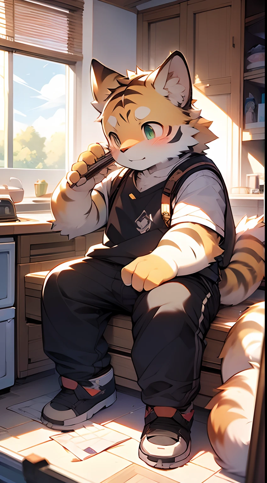 Masterpiece, Best quality, Perfect anatomy, author:K0bit0wani, author:Milk Tiger 1145, (author:Dekkers:0.3), Furry, coyote, tiny ears, Solo, Male, baggy pants, Tight white vest, Eau, Abs, Small raised, Slightly chubby figure, cooking in the kitchen, Detailed background, music sheets, Leaning back, Butterfly, Grass,Shota,Libido boy