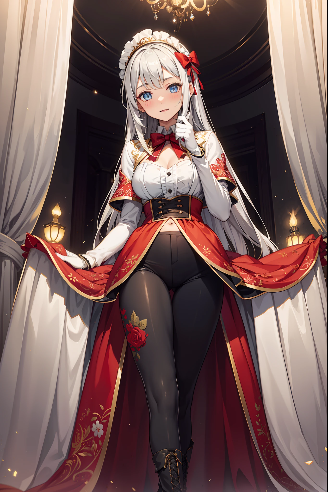 s girl,seductiv,having fun,Being in love,(Girl wearing intricately embroidered black high-waisted pants with pantyhose),(White ruffled bow gloves),Pale hair,eBlue eyes,Suitable transparent clothing,Sacred headdress,Transparent lace,exquisite costumes,solo person,European style bedroom,(natta:1.1),(Long suspender boots:1.1),Delicate and beautiful face,