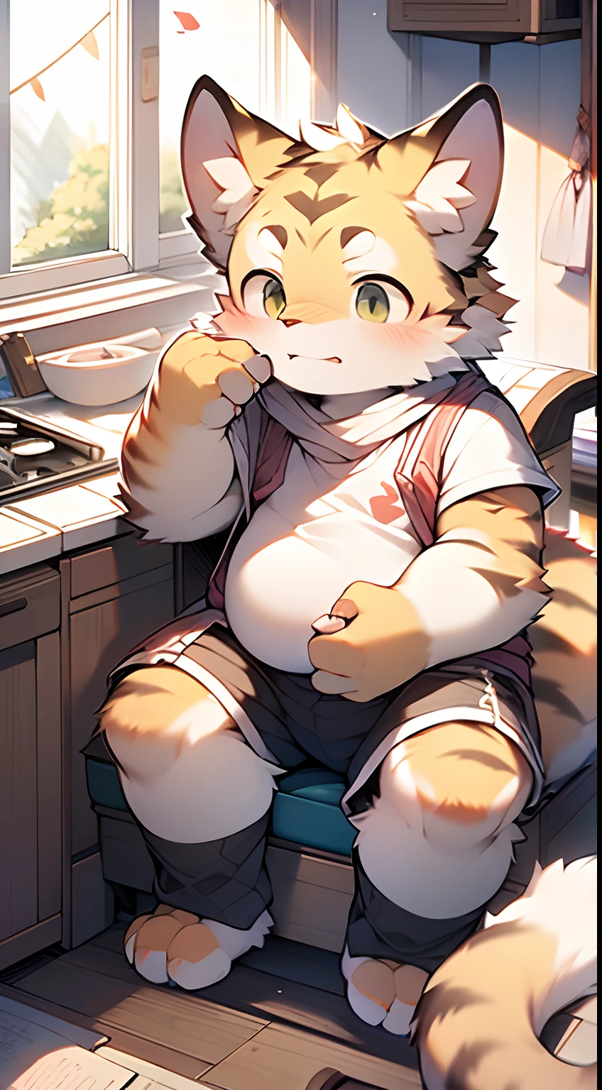 Masterpiece, Best quality, Perfect ???????, author：K0bit0wani, author：Milk Tiger 1145, (author：Dekkers:0.3), Furry, coyote, tiny ears, Solo, Male, baggy pants, ??????????? vest, Eau, Abs, Small raised, Slightly chubby figure, cooking in the kitchen, Detailed background, music sheets, Leaning back, Butterfly, Grass，Shota，Libido boy