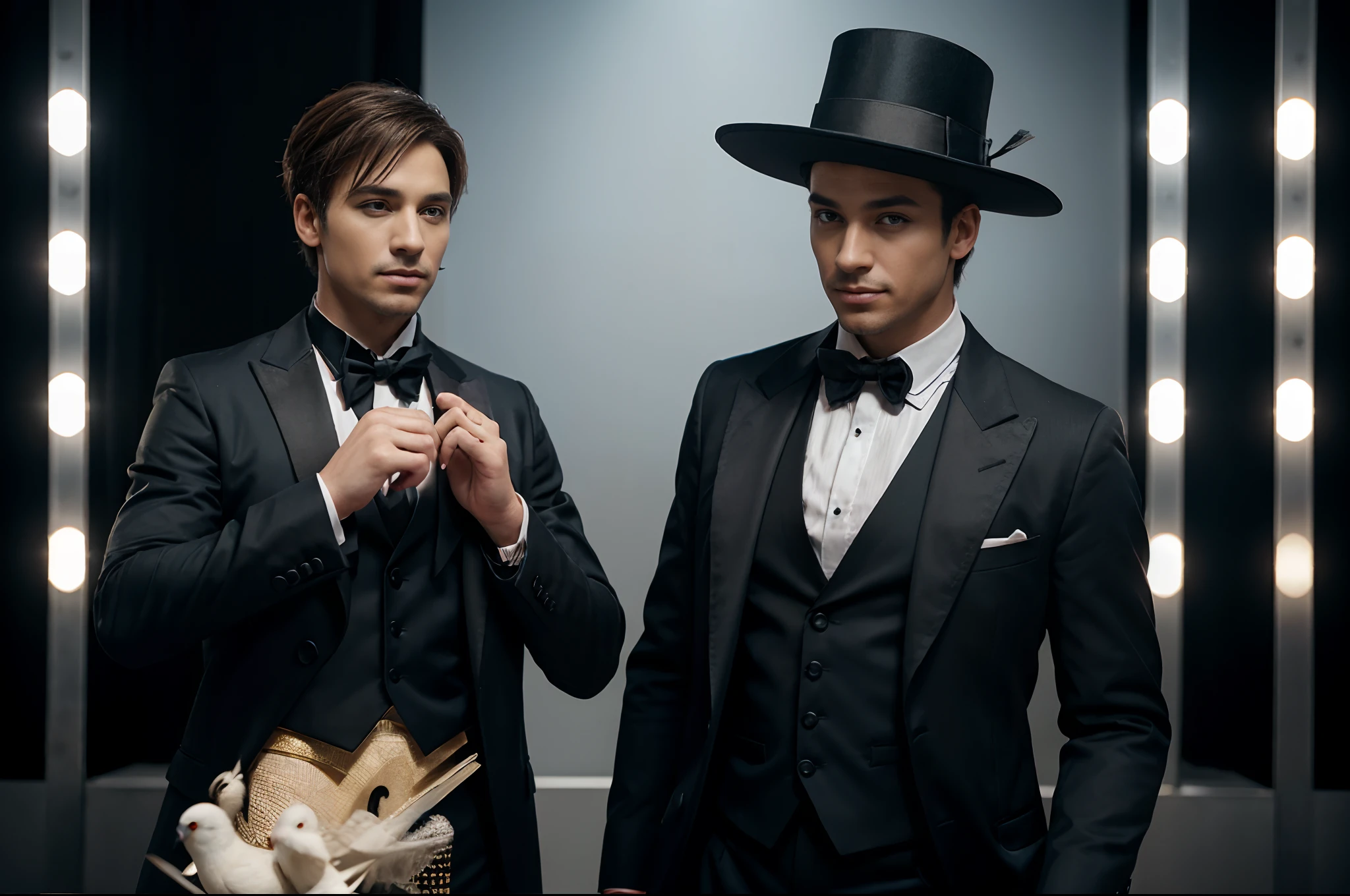 Highly detailed and realistic photography of ((1male magician)) in a stylish outfit, perfoming in scene a trick with dove and a hat, dramatic illumination, theater as background.