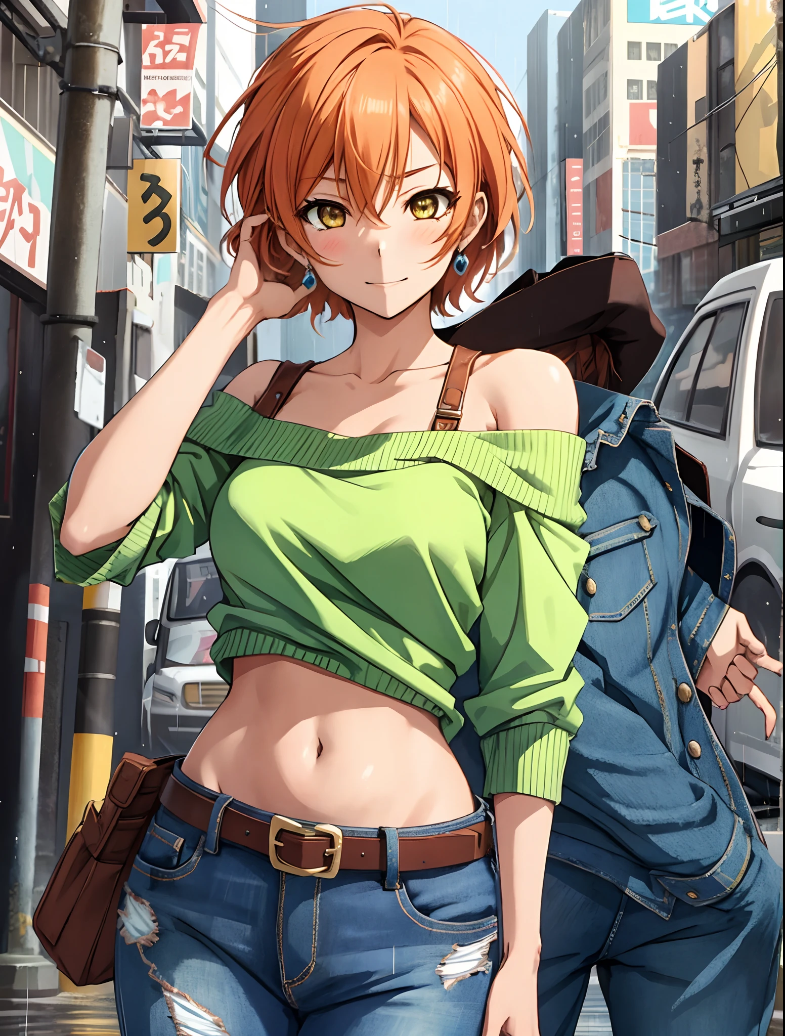 Hoshizora rin, Best Quality,(beauty), 1girl,phisically-based render ,ultra highres,(cowboy shot:1.5),narrow waist, skinny, big eyes,long legs,torn jeans,leather belt,small breasts,puffy eyes, leather belt,(rainy city), shiny skin, facing viewer, Victory posture,(midriff:0.7), sweating, flying sweat drops,torn top,off shoulder,(torn clothes:1.3)