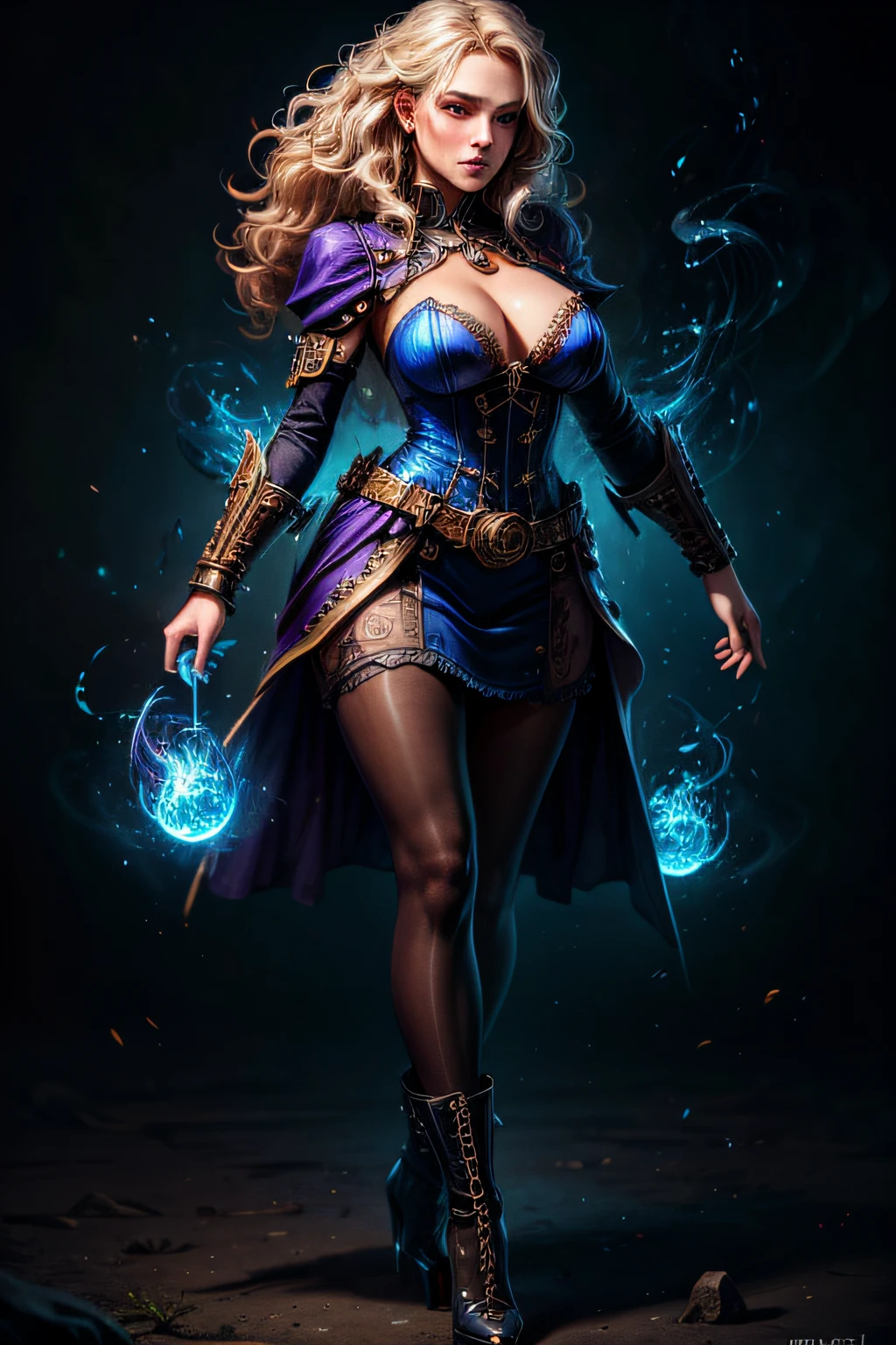 fantasy art, steampunk art, RPG art, photograph, RAW, , Best Detailed, picture of a woman wizard, manipulating magical blue fire, extremely beautiful woman (best Detailed, Masterpiece, Hyperrealistic: 1.5) blond hair, rich hair, wavy hair, dynamic eyes color, wearing black and white dress, wearing pantyhose, wearing high heeled boots, laces boots, make up, steampunk background, ultra best realistic, best details, best quality, 16k, [ultra detailed], masterpiece, best quality, (extremely detailed), ultra wide shot, photorealism, depth of field, hyper realistic painting, GlowingRunes_purple, blue fire