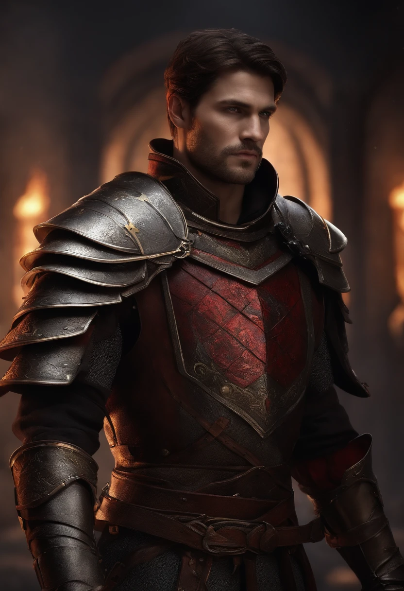 a medieval male Royal lord, scar on the left eye, one red eye, one black eye, gray iron sholder pads, red clothes with clothes under neath light yellow for the arms short dark brown hair and burned away on the left side and without armour instead of blocky a humanbeing no gear no armour red and yellow clothes with the face burned away only iron sholder pads and no chestplate with a huge scar on its face, a small beard no black clothes