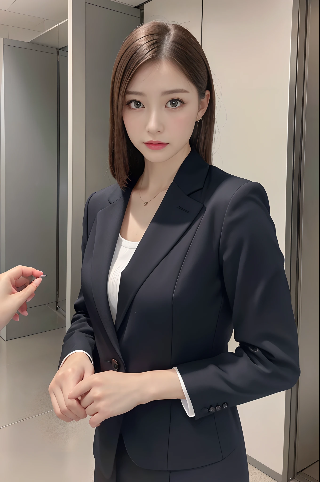 ((of the highest quality, 8K, masutepiece: 1.3, Photorealistic)), (close up:1), Mature and attractive women, Business Wear, Curve:0.5, Serious, Nobody Locker Room,