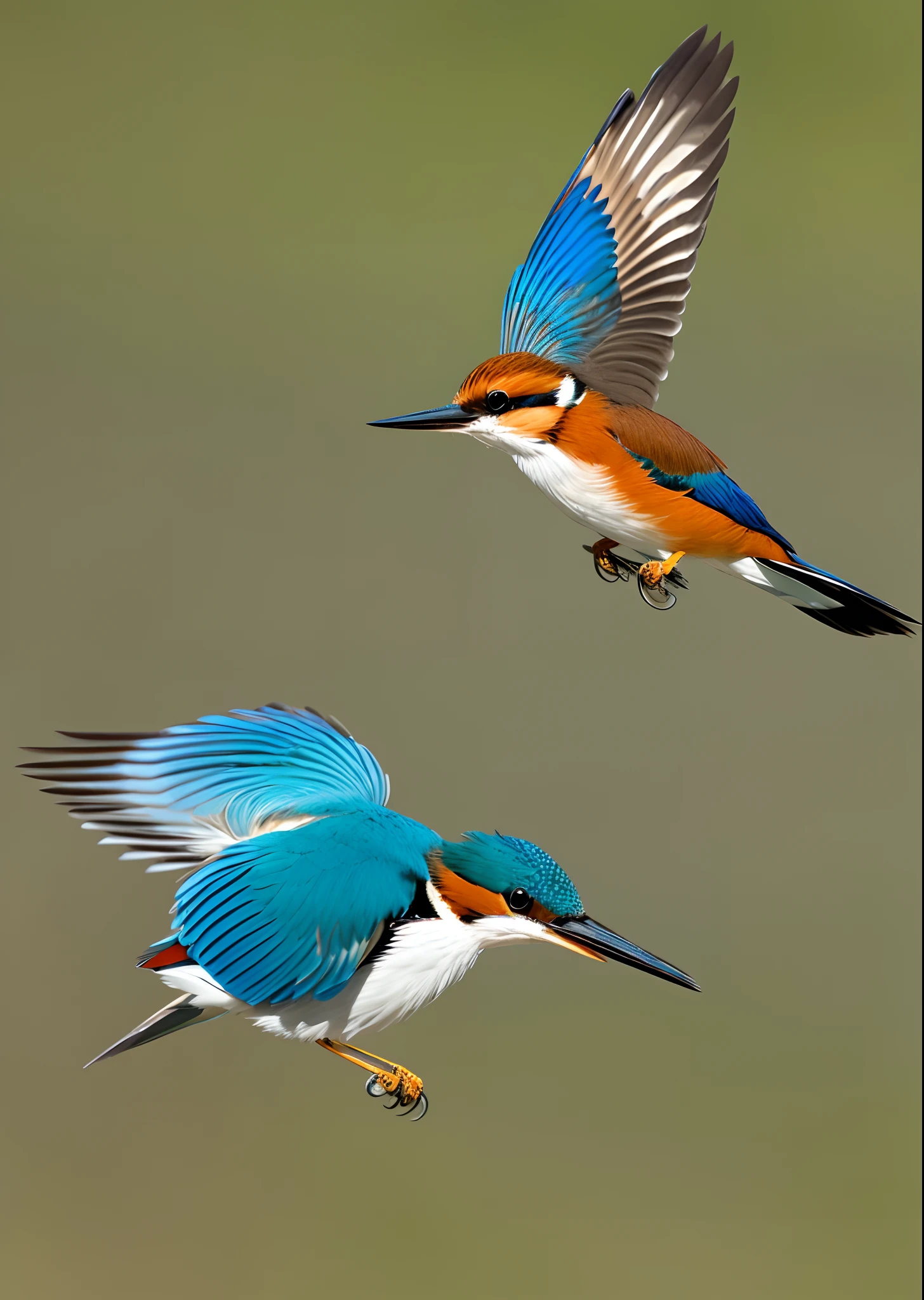 White-breasted kingfisher in flight. In the mouth of a small fish, the image is sharp, realistic. Highly detailed