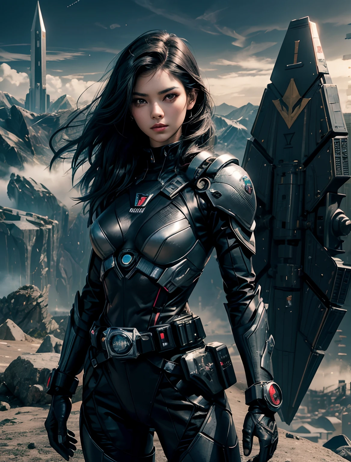 Beautuful Women. Black hair. He wears a black combat suit, He wears something like a Kamen Rider transformation belt around his waist... Behind her is a small triangular spaceship. The spacecraft is anchored on the mountainside. 8K image quality. cyberpunked.