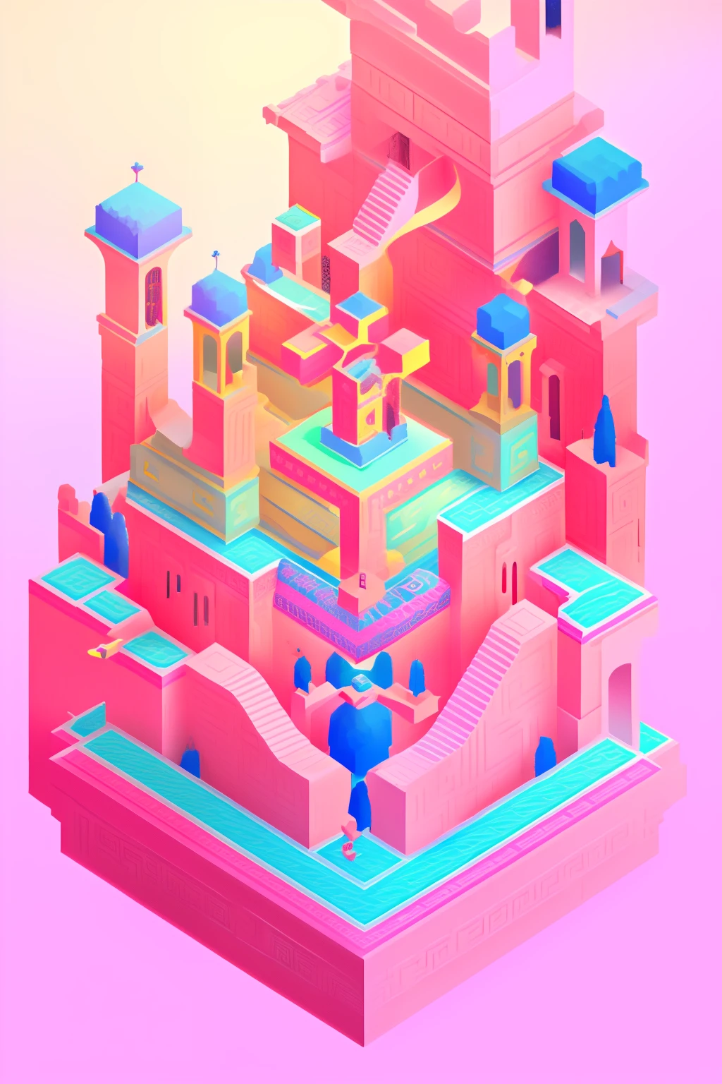 An illustration of a maze，There is a colorful illustration of a building with a staircase, isometric game, Isometric art, isometric game, Monument Valley style, incredible isometric screenshot, not isometric, Isometric style,isometric illustration fun, isometric voxel art, isometric palace, isometry, isometric illustration, isometric staircase, isometric game art, isometric 3 d, Isometric 3D, isometric 8k, isometric design, isometric futuristic game,Isometric 3D